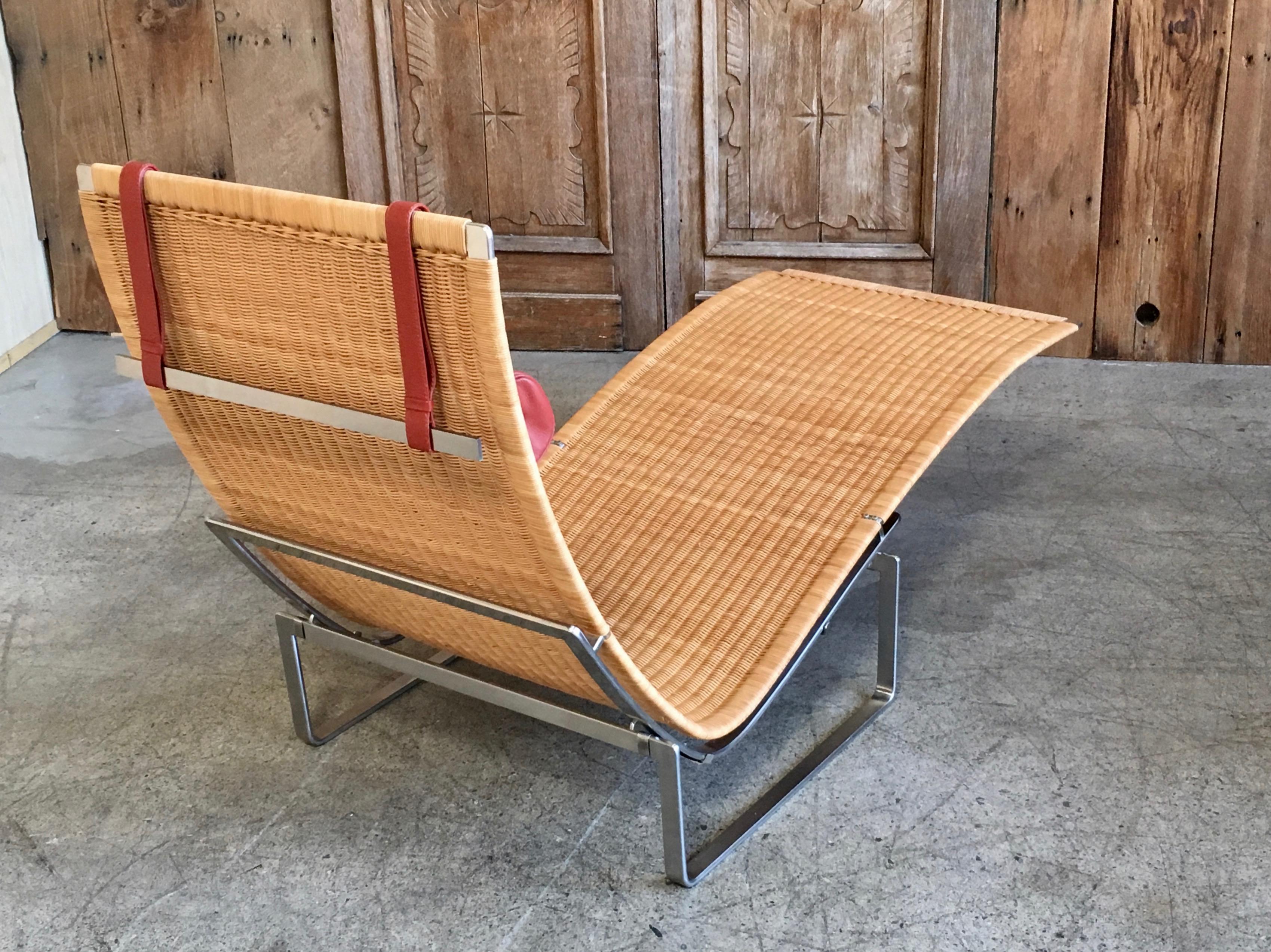 Stainless Steel Poul Kjærholm PK 24 Chaise Longue with Wicker Seat for Fritz Hansen