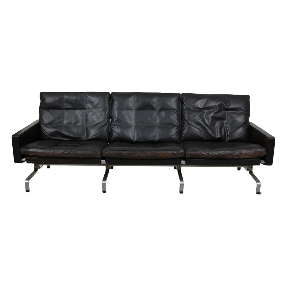 Scandinavian Modern Poul Kjærholm Pk-31 3 Seater Sofa in Original Patinated Black Leather, from the