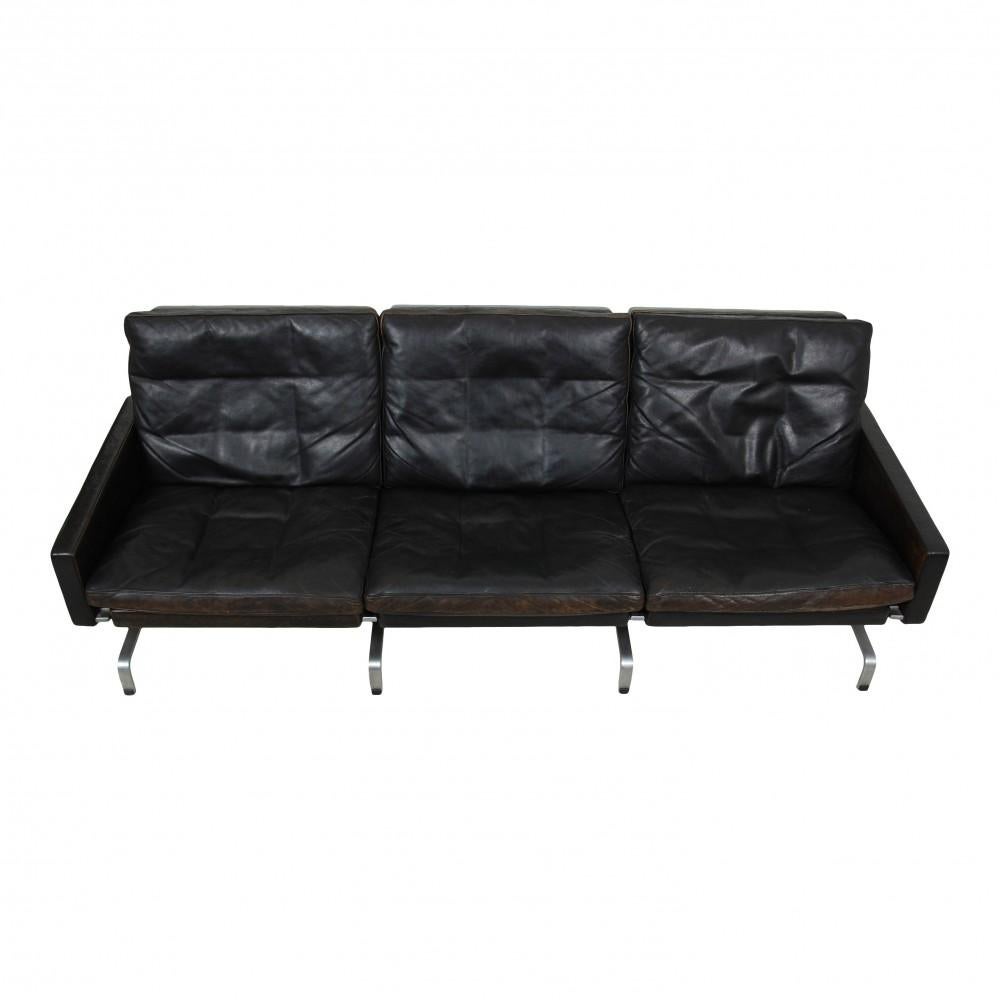 Danish Poul Kjærholm Pk-31 3 Seater Sofa in Original Patinated Black Leather, from the