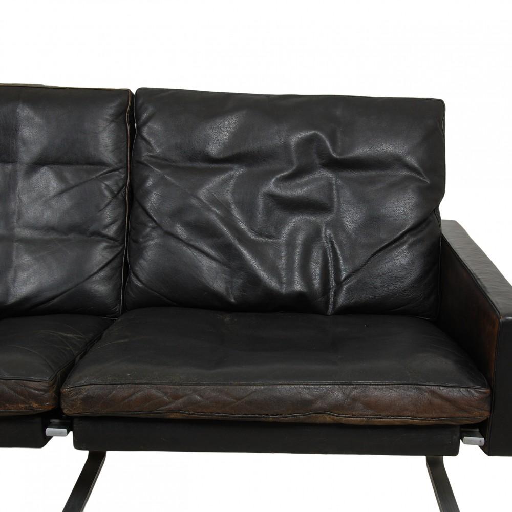Poul Kjærholm Pk-31 3 Seater Sofa in Original Patinated Black Leather, from the In Fair Condition In Herlev, 84