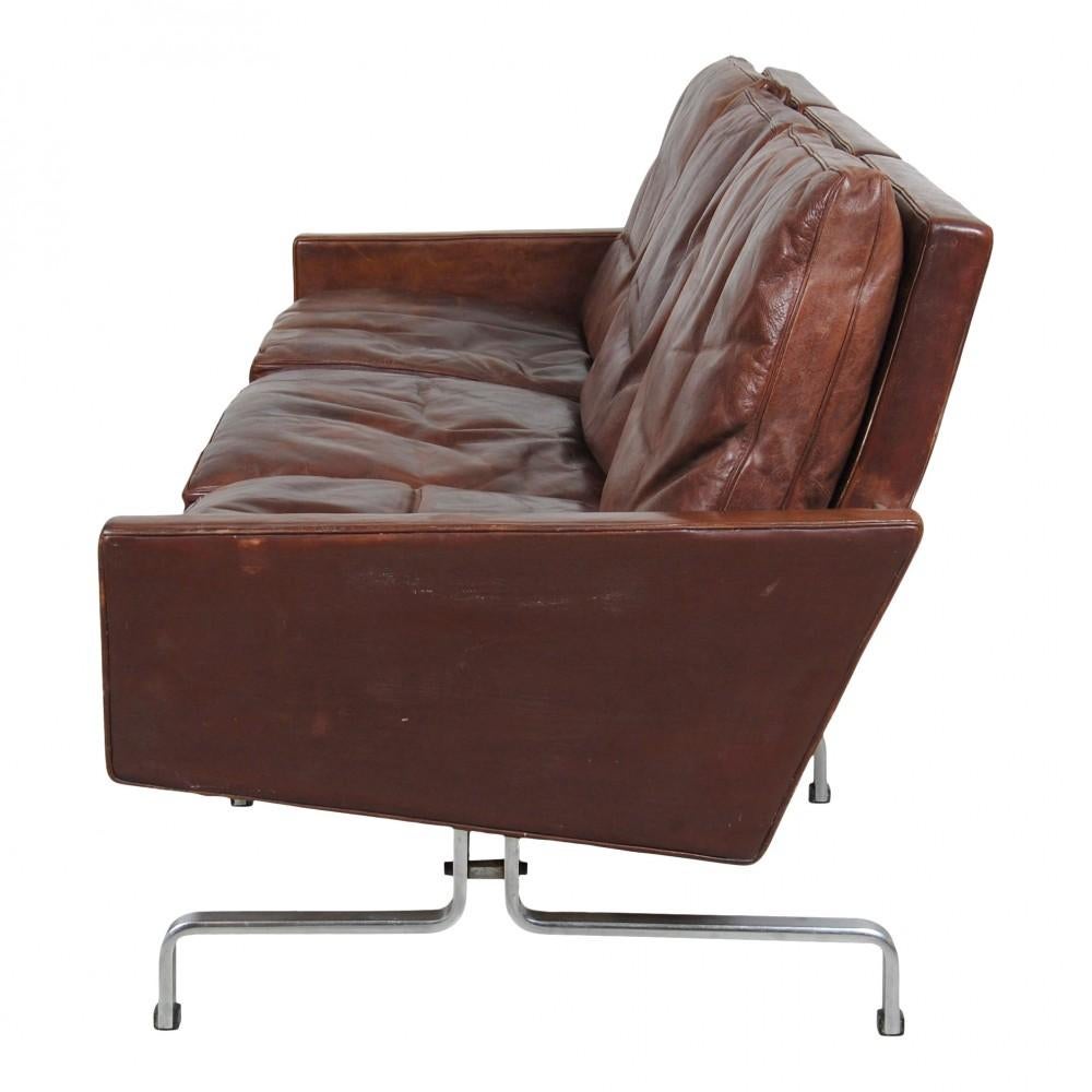 Danish Poul Kjærholm PK-31/3 Sofa in Brown Patinated Leather For Sale