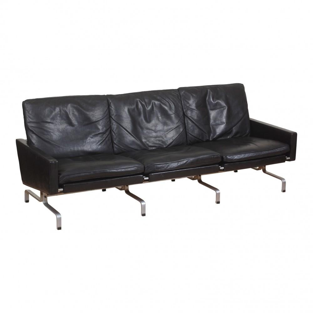 Scandinavian Modern Poul Kjærholm PK-31/3 sofa with patinated black leather from Kold Christensen