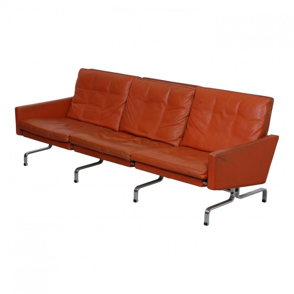 Poul Kjærholm Pk-31/3 sofa in original cognac leather, from the 1970s. Appears in good condition but with Patinated leather, a small slit on the canvas below the cushions, and a nice steel frame.