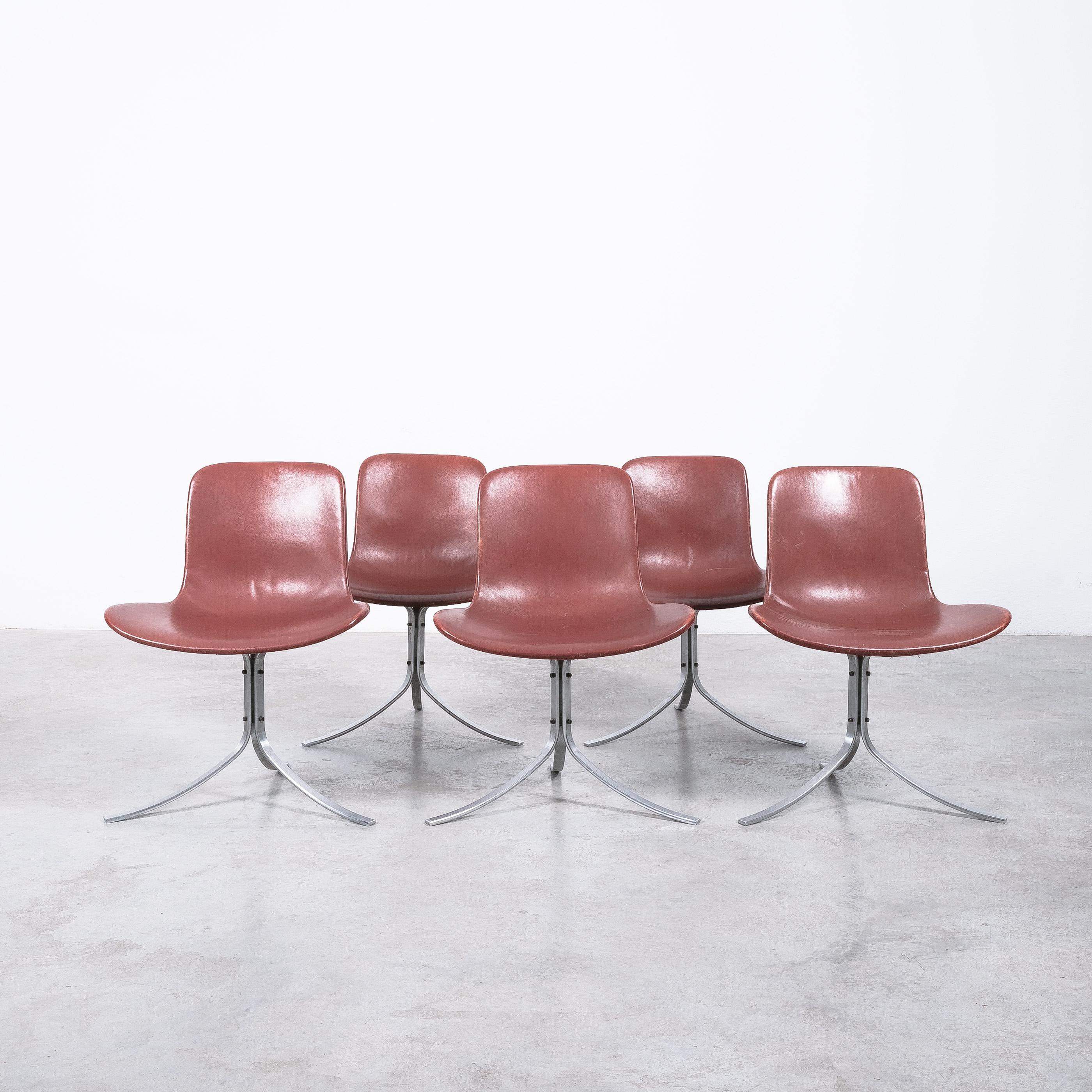 Steel Poul Kjærholm PK-9 Dining Chairs by E. Kold Christensen Brown Leather, Denmark For Sale