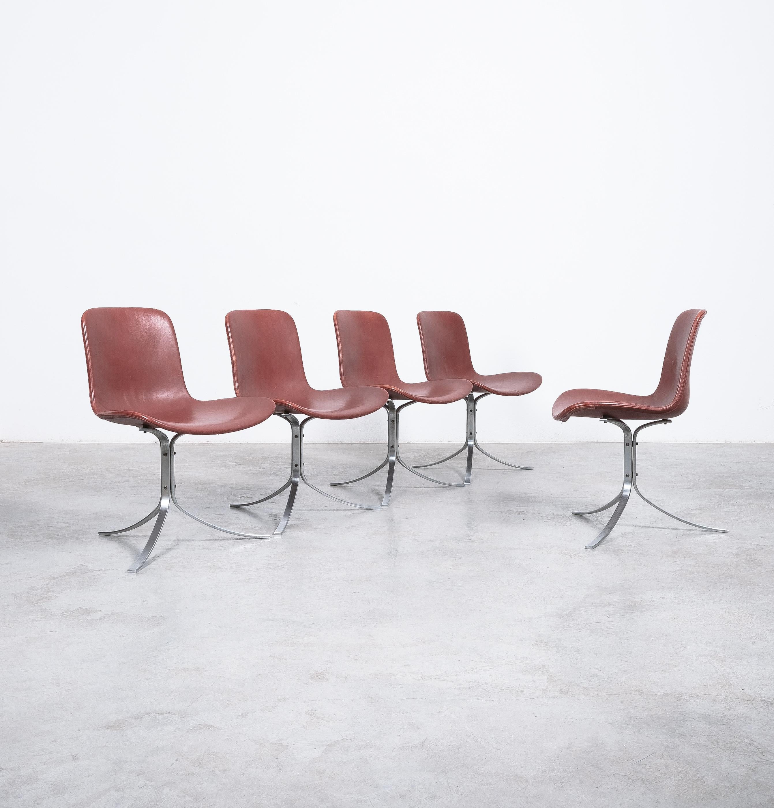Poul Kjærholm PK-9 Dining Chairs by E. Kold Christensen Brown Leather, Denmark For Sale 1
