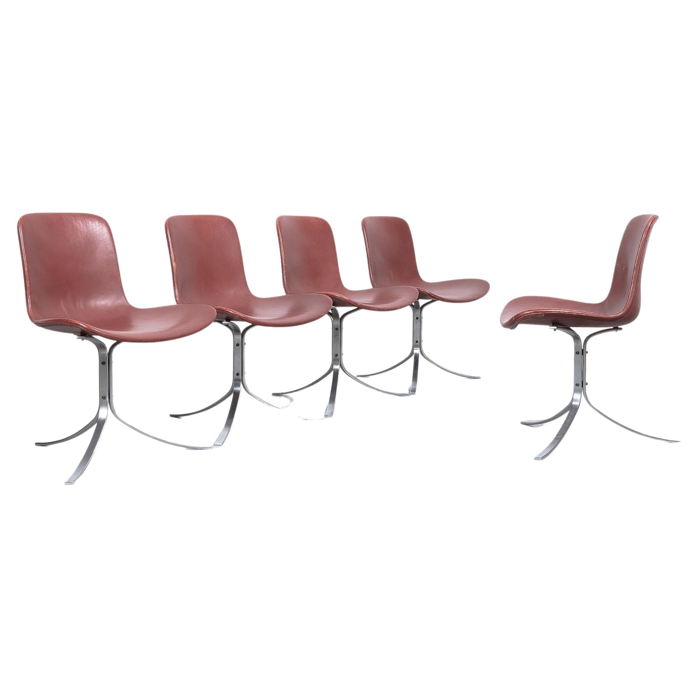 Poul Kjærholm PK-9 Dining Chairs by E. Kold Christensen Brown Leather, Denmark For Sale