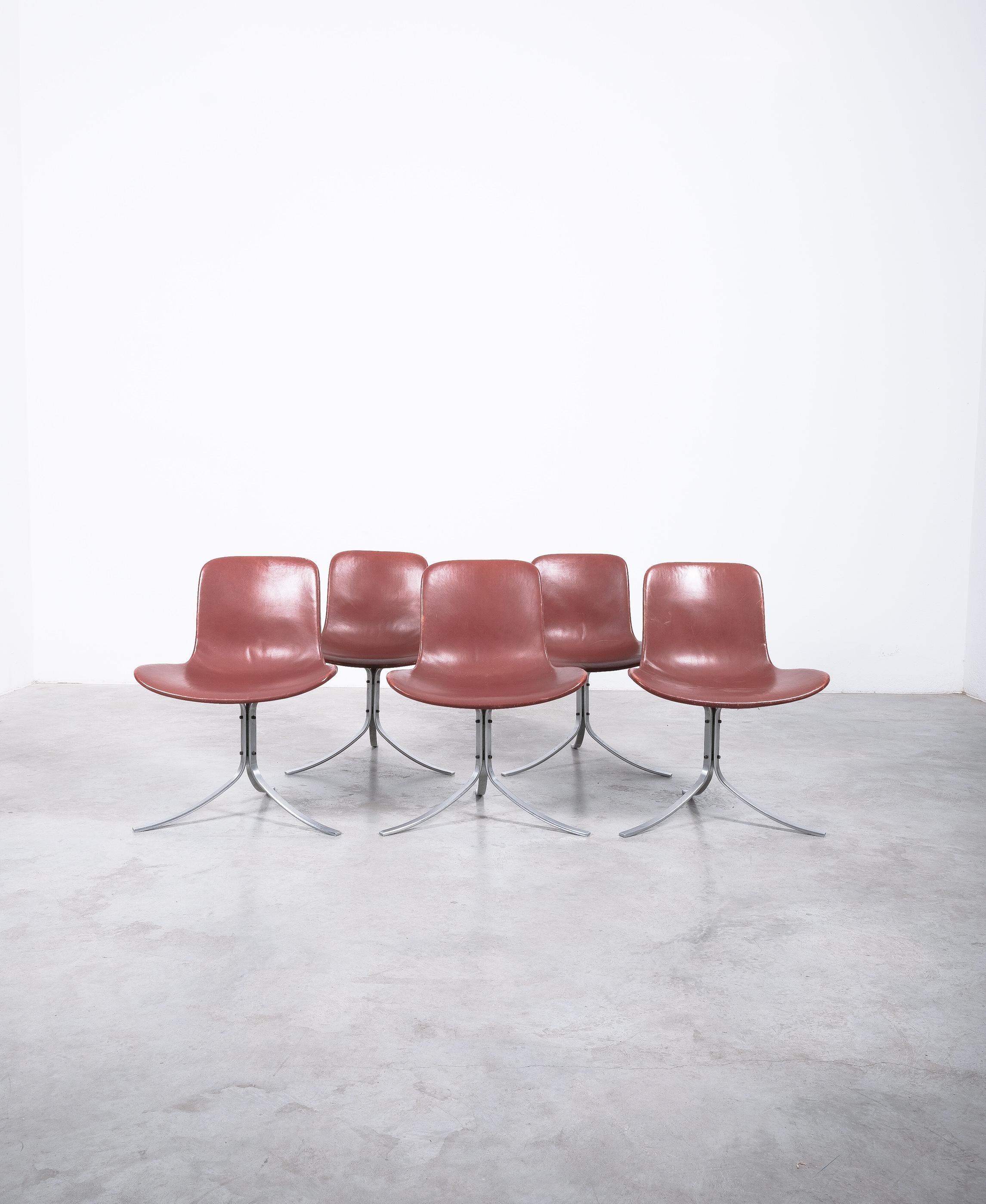 Danish Poul Kjærholm PK-9 Dining Chairs by E. Kold Christensen Brown Leather, Denmark For Sale