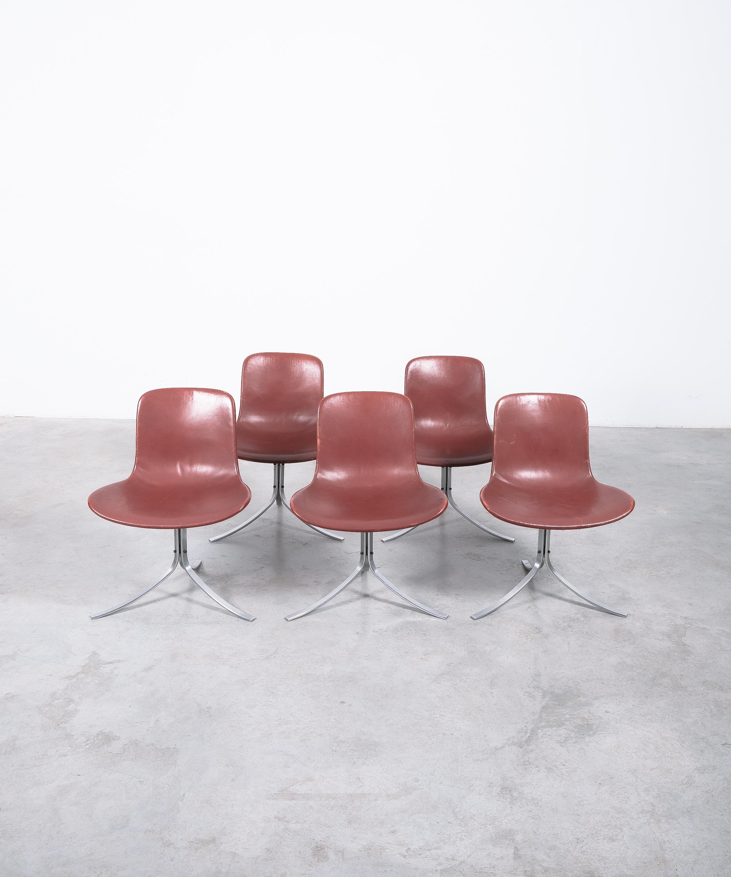 Brushed Poul Kjærholm PK-9 Dining Chairs by E. Kold Christensen Brown Leather, Denmark For Sale