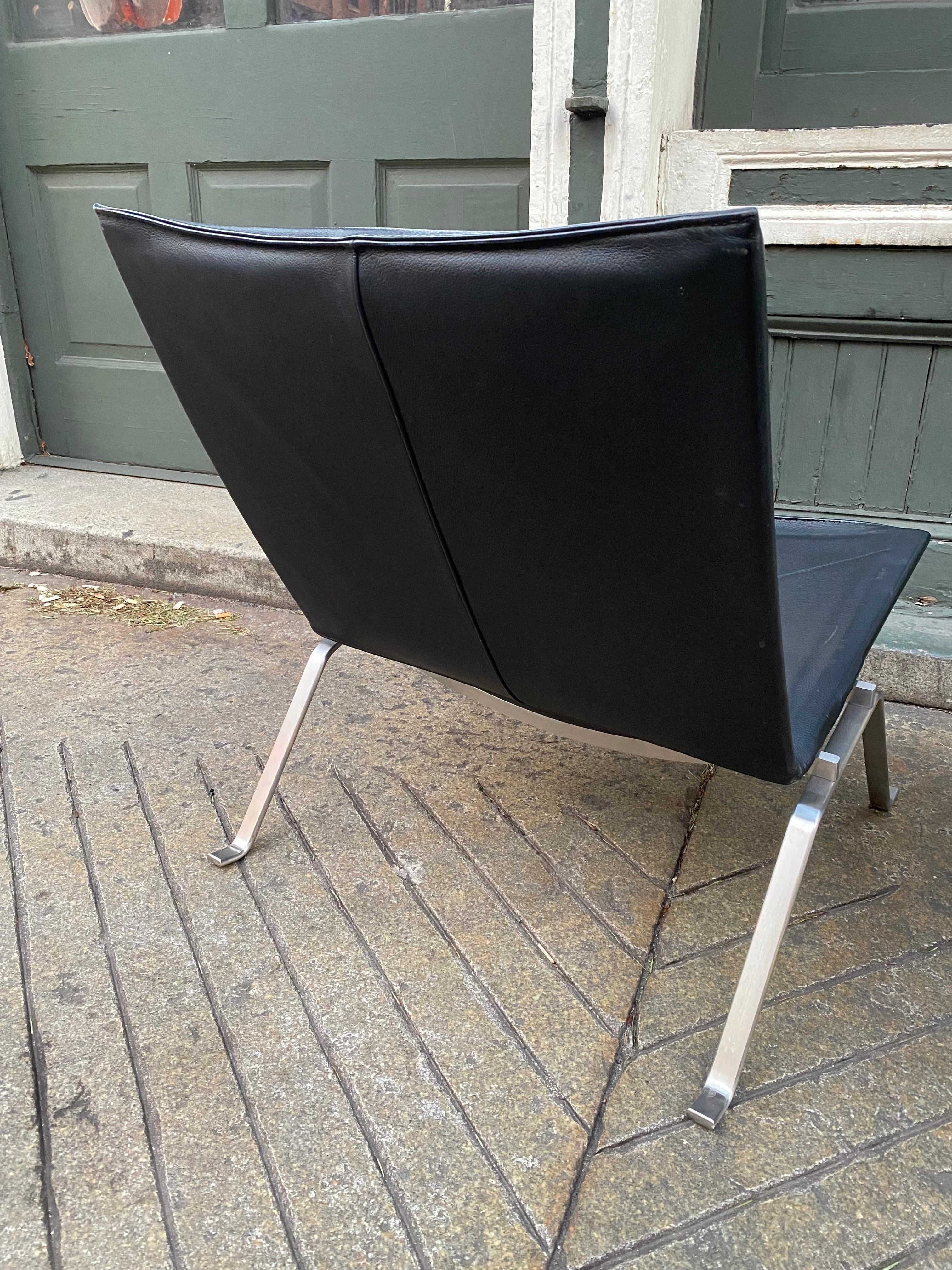 Stainless Steel Poul Kjaerholm PK22 Black Leather Chairs