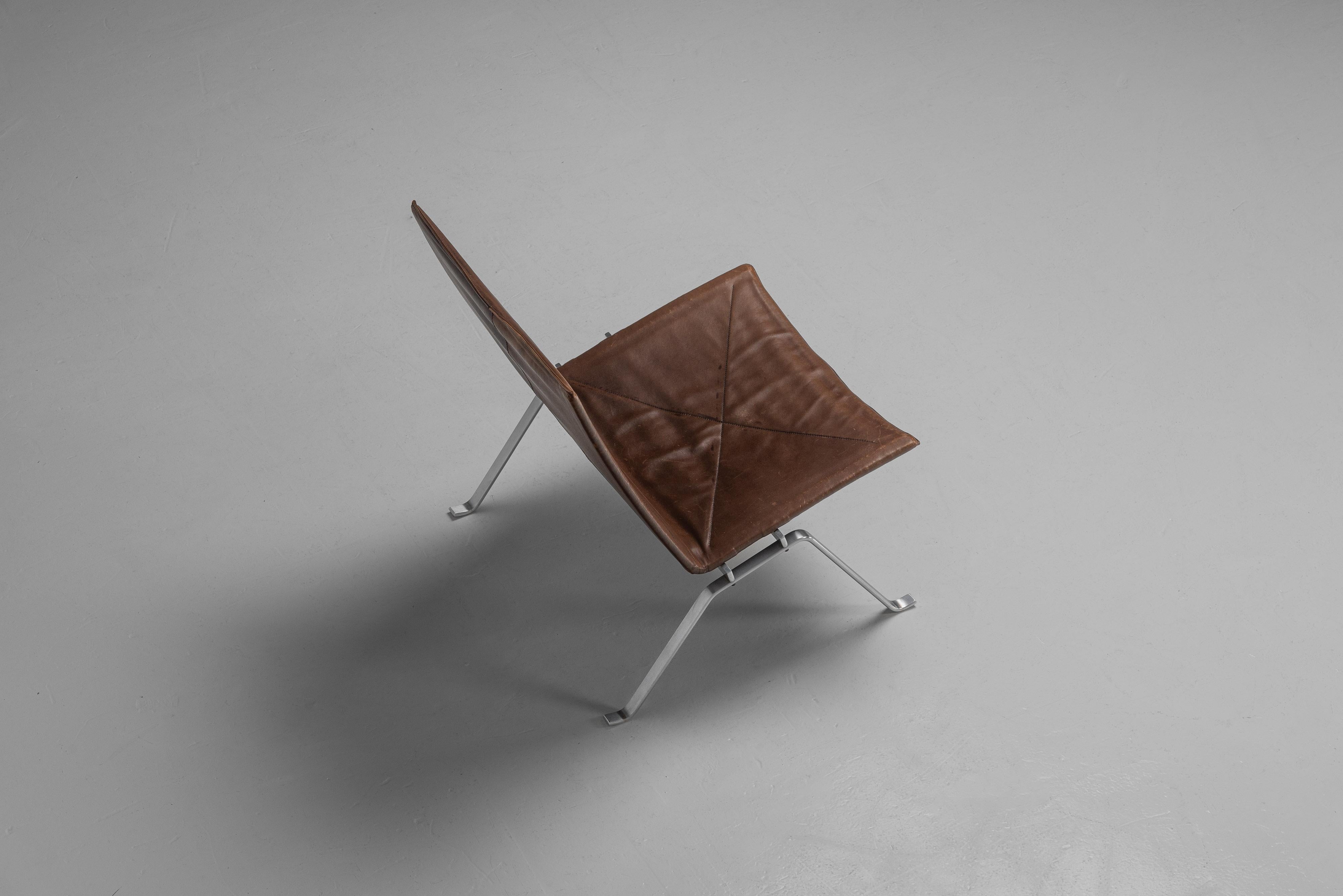 Stainless Steel Poul Kjaerholm PK22 brown leather EKC Denmark 1956 For Sale
