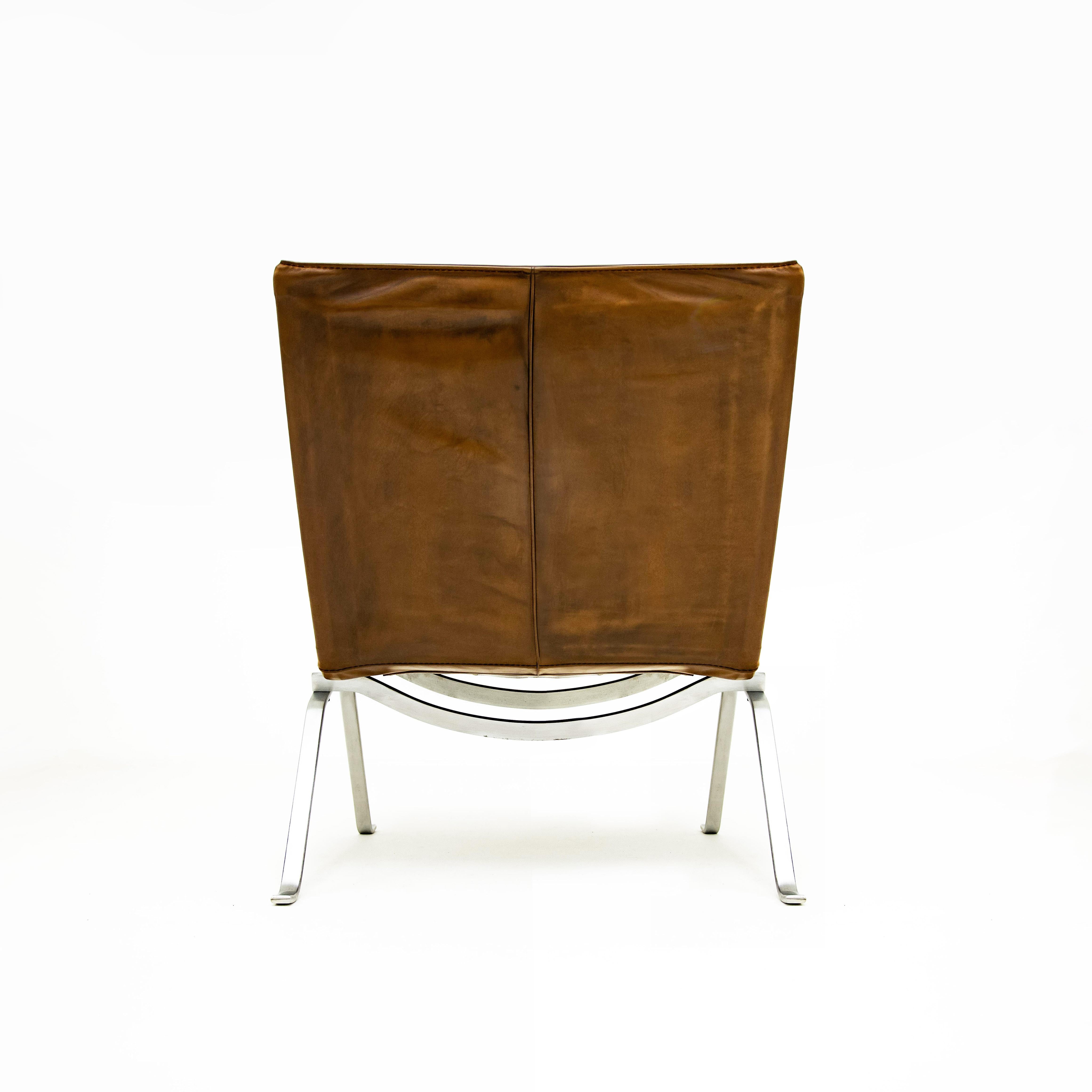 Steel Poul Kjaerholm PK22 Lounge chair in Cognac leather for E. Kold Christensen