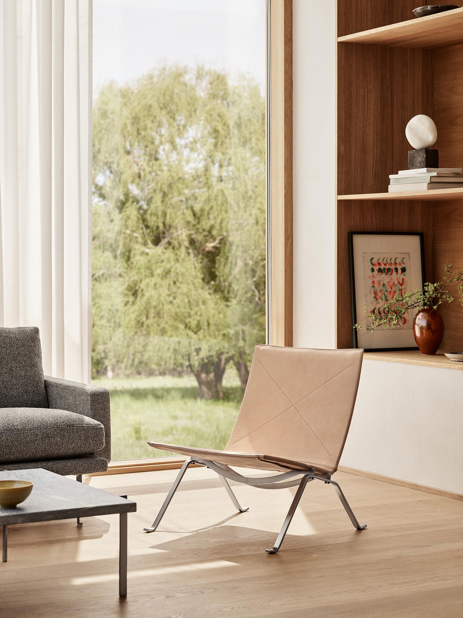 Contemporary Poul Kjærholm PK22 Lounge Chair Wicker Brushed Spring Steel for Fritz Hansen For Sale