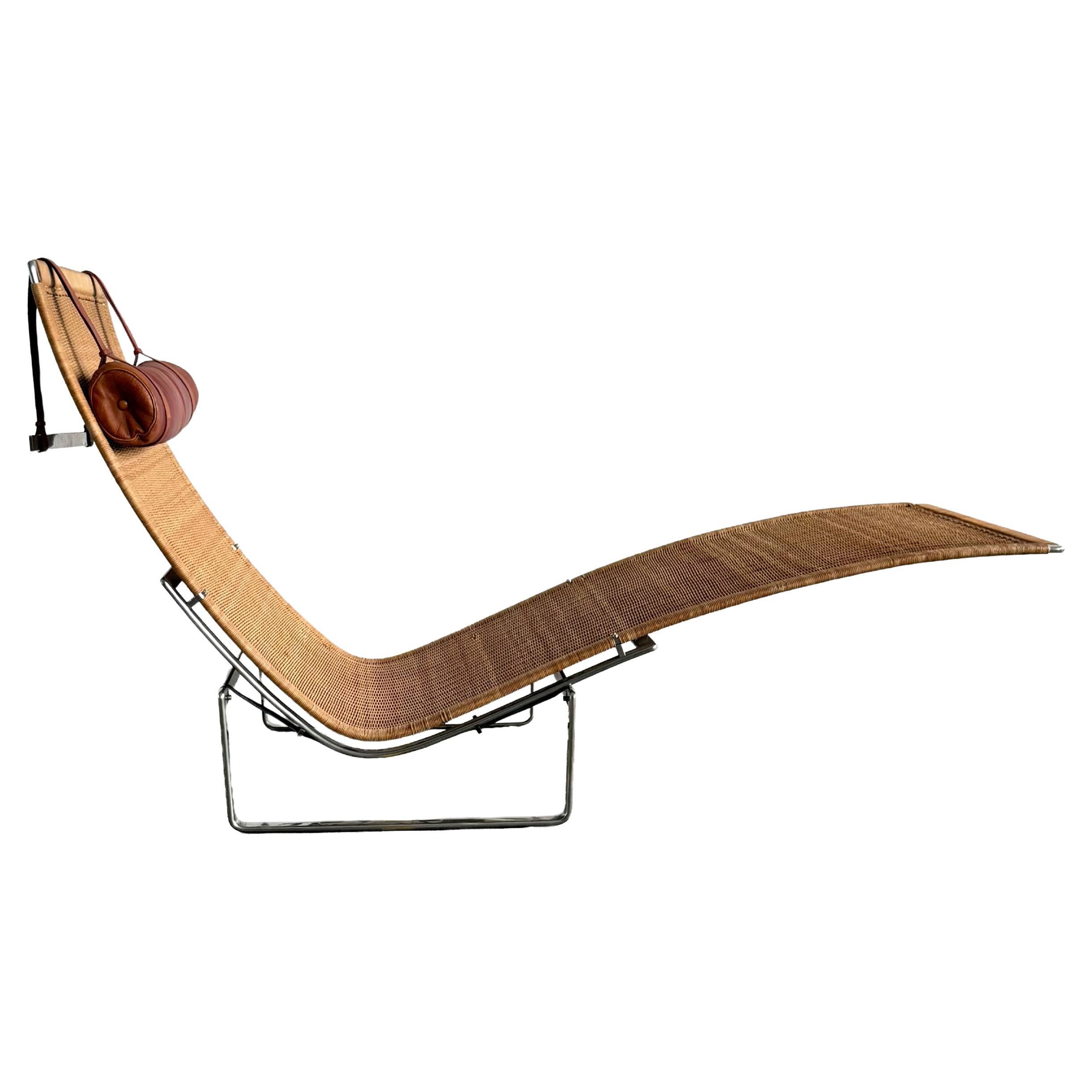Poul Kjaerholm PK24 Rattan Stahl Chaise Lounge Stuhl von E. Kold Dänemark, 1960er Jahre