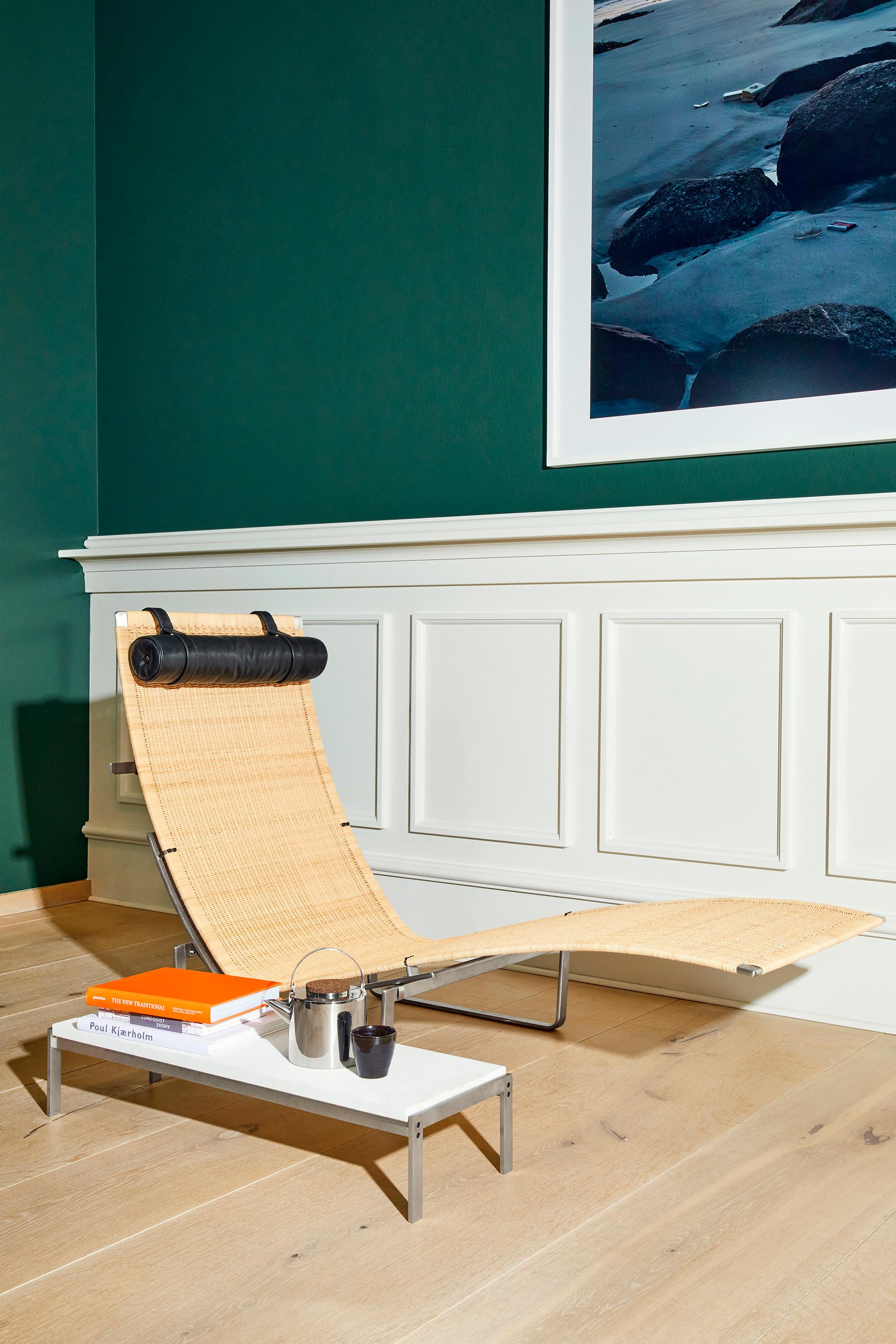 Scandinavian Modern Poul Kjærholm 'PK24' Wicker Lounge Chair for Fritz Hansen with Leather Headrest For Sale