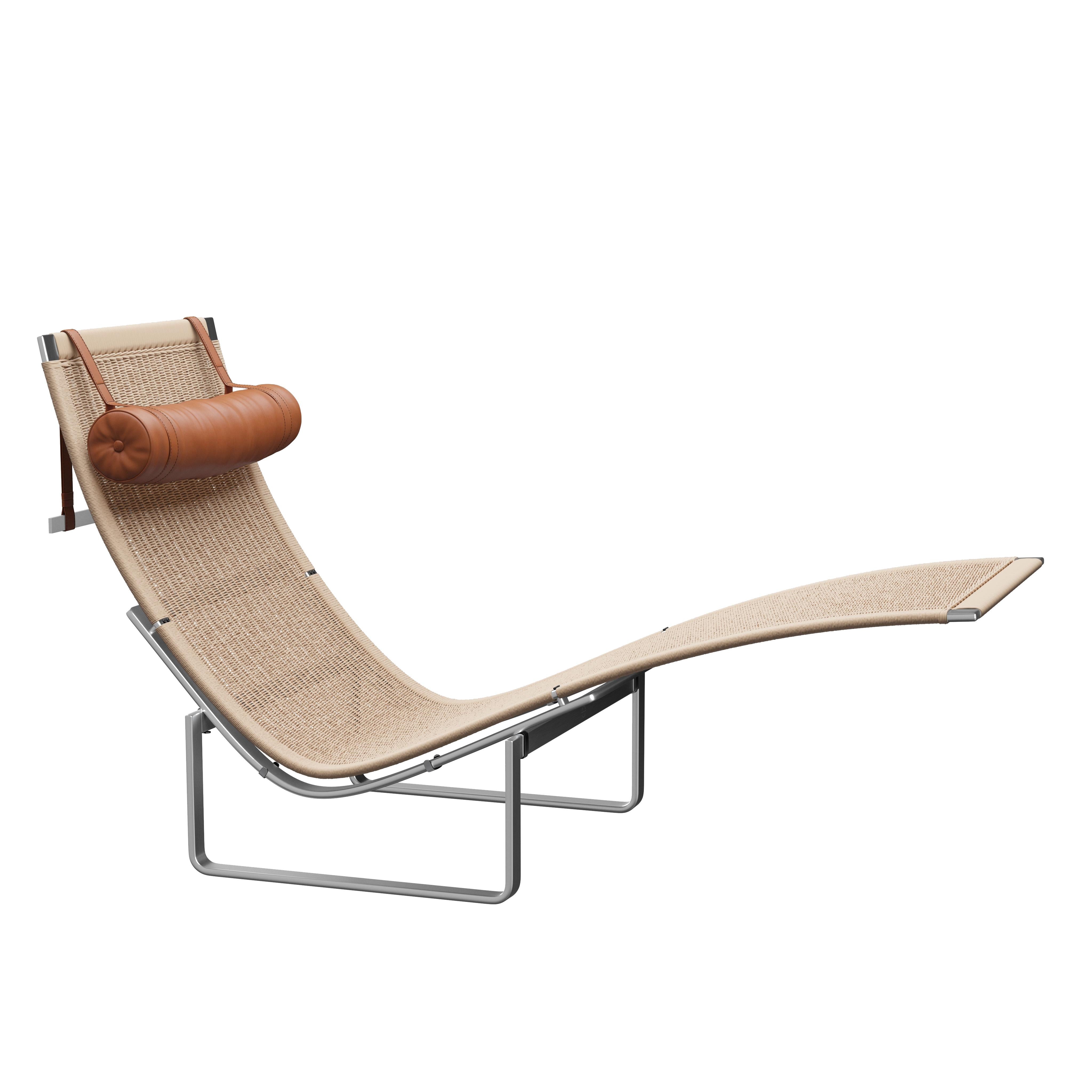 Steel Poul Kjærholm 'PK24' Wicker Lounge Chair for Fritz Hansen with Leather Headrest For Sale