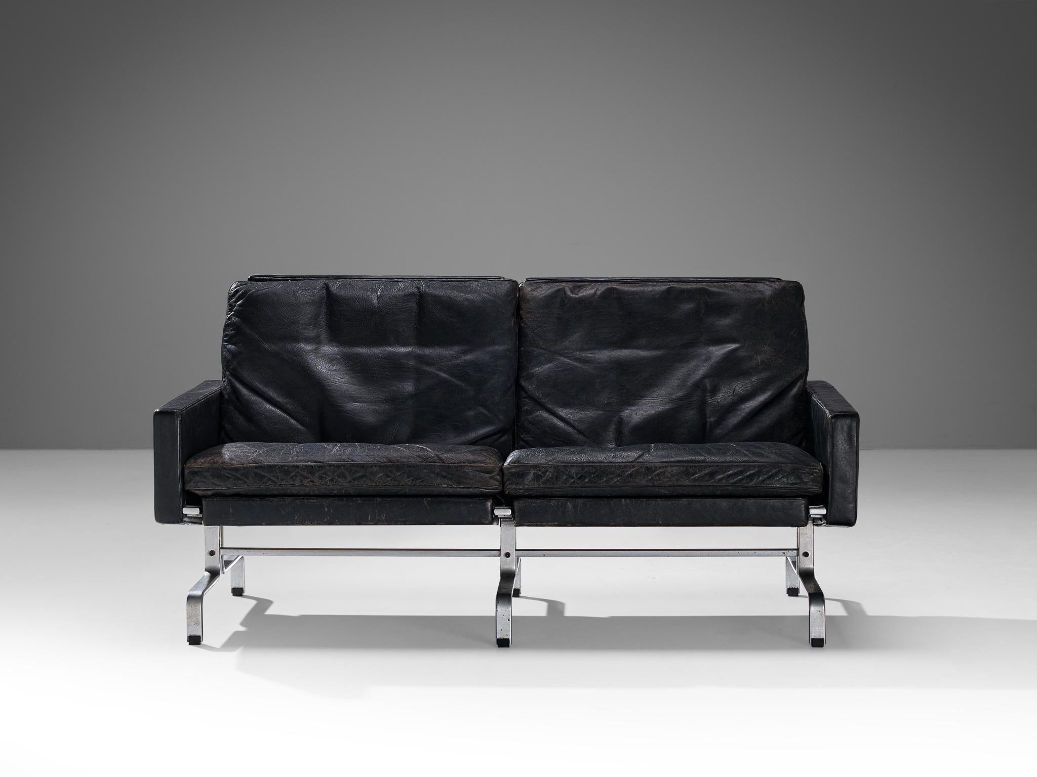 Metal Poul Kjaerholm 'PK31' Sofa in Black Leather For Sale