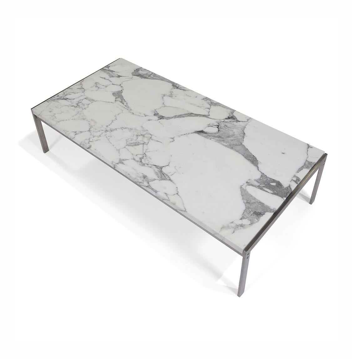 Poul Kjærholm PK64 coffee table, Denmark, 1970s by Kold Christensen.  Marble top and steel with impressed mark to base.