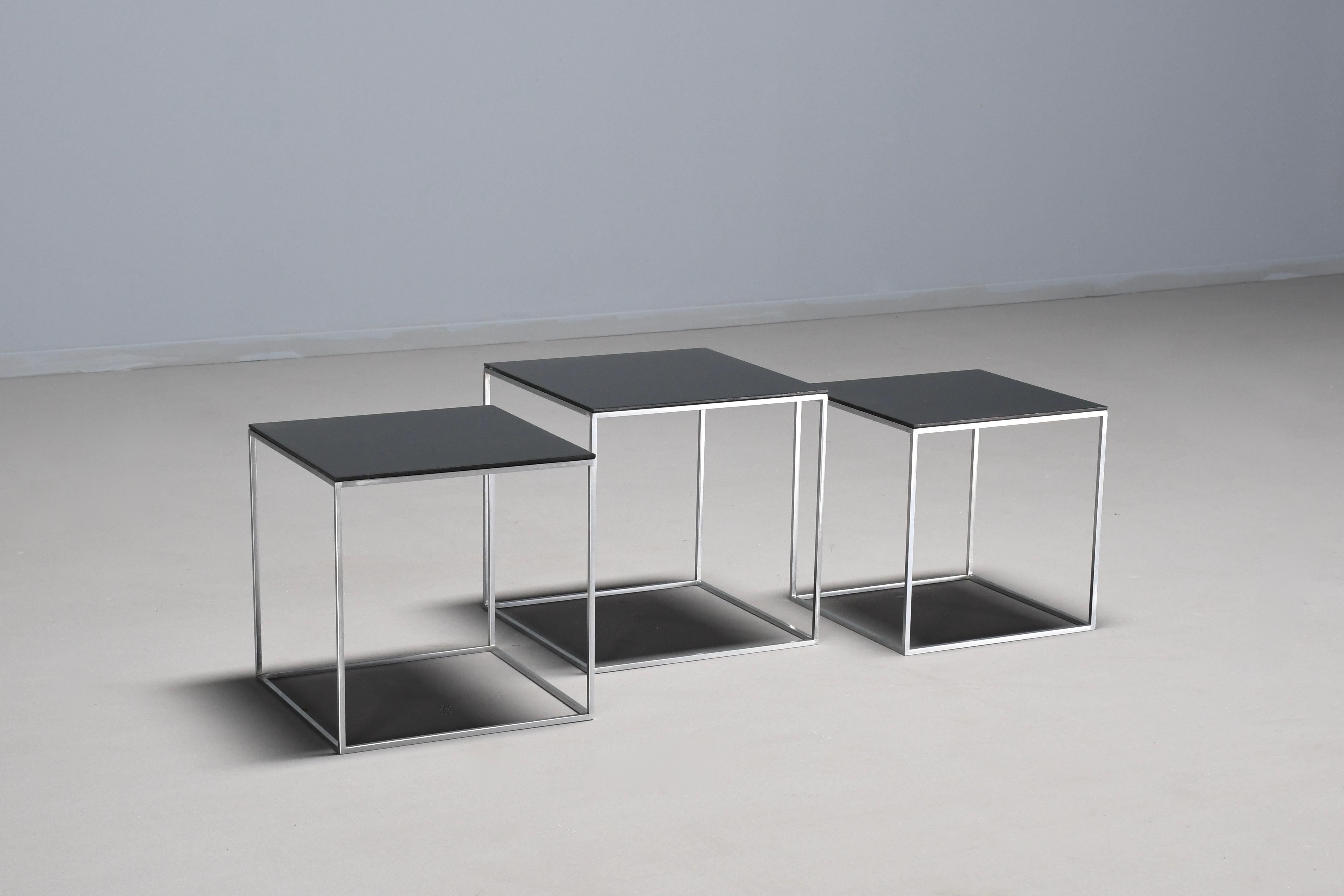 Beautiful set of PK71 nesting tables in very good condition 

Designed by Poul Kjaerholm in 1957.

These particular tables are manufactured by E. Kold Christensen and are marked ‘Denmark’

The minimalist shaped tables have a square steel frame with