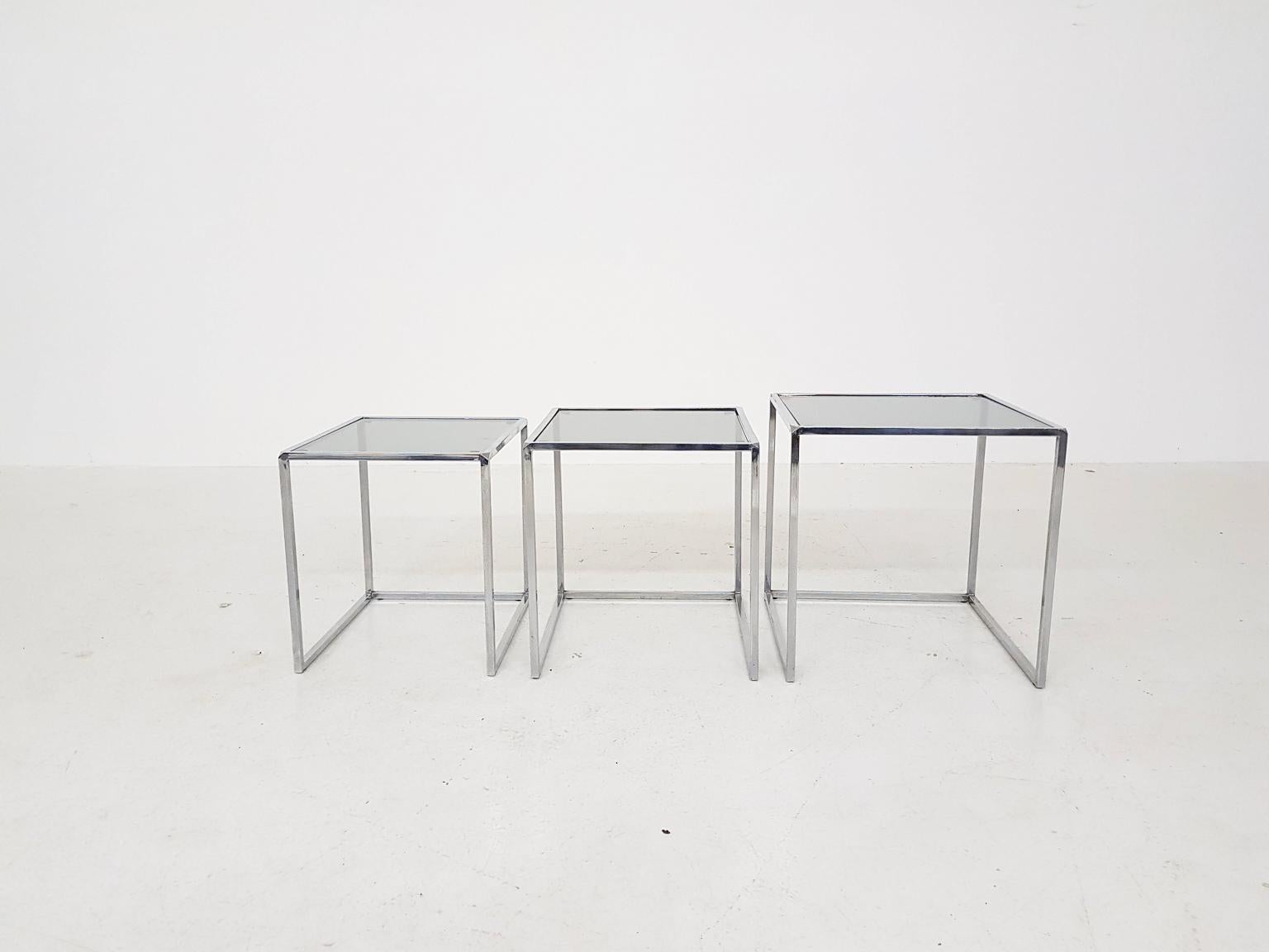 Mid-Century Modern Poul Kjaerholm PK71 Style Chrome and Glass Nesting Tables or Mimiset, 1970s