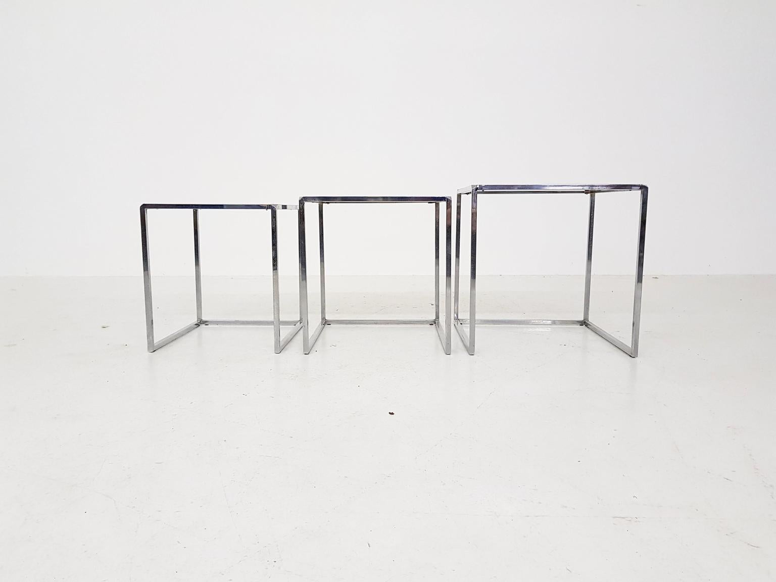 Dutch Poul Kjaerholm PK71 Style Chrome and Glass Nesting Tables or Mimiset, 1970s