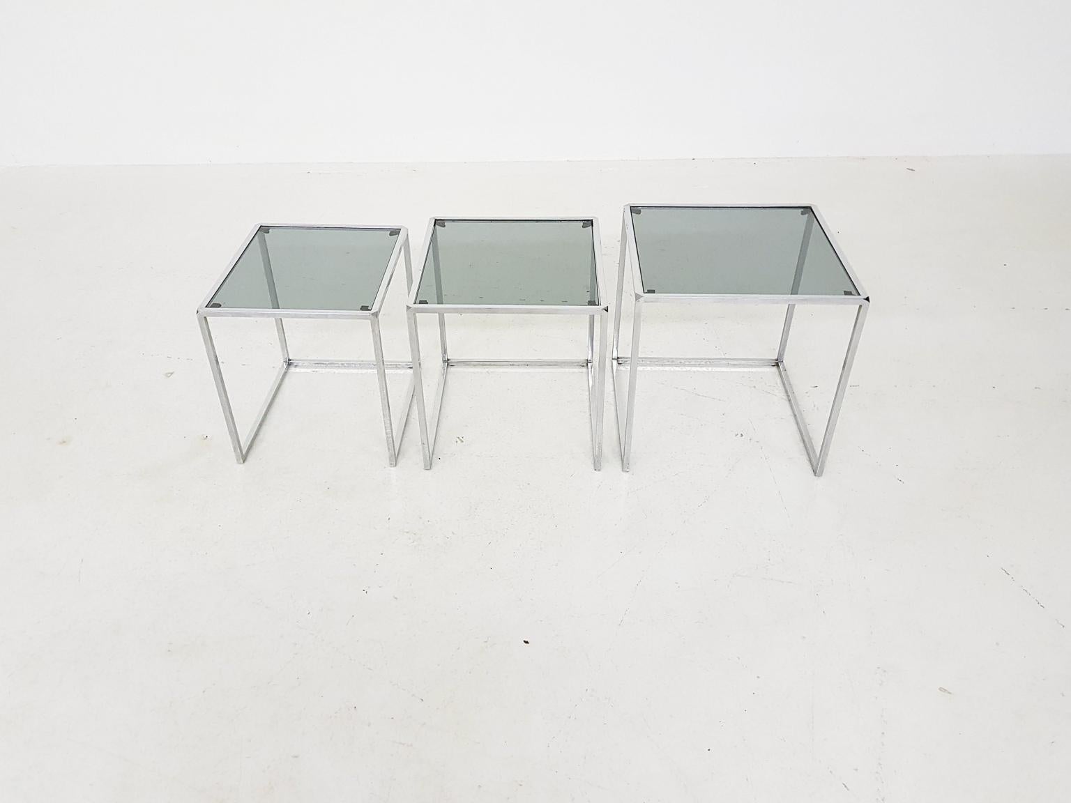 Poul Kjaerholm PK71 Style Chrome and Glass Nesting Tables or Mimiset, 1970s In Good Condition In Amsterdam, NL