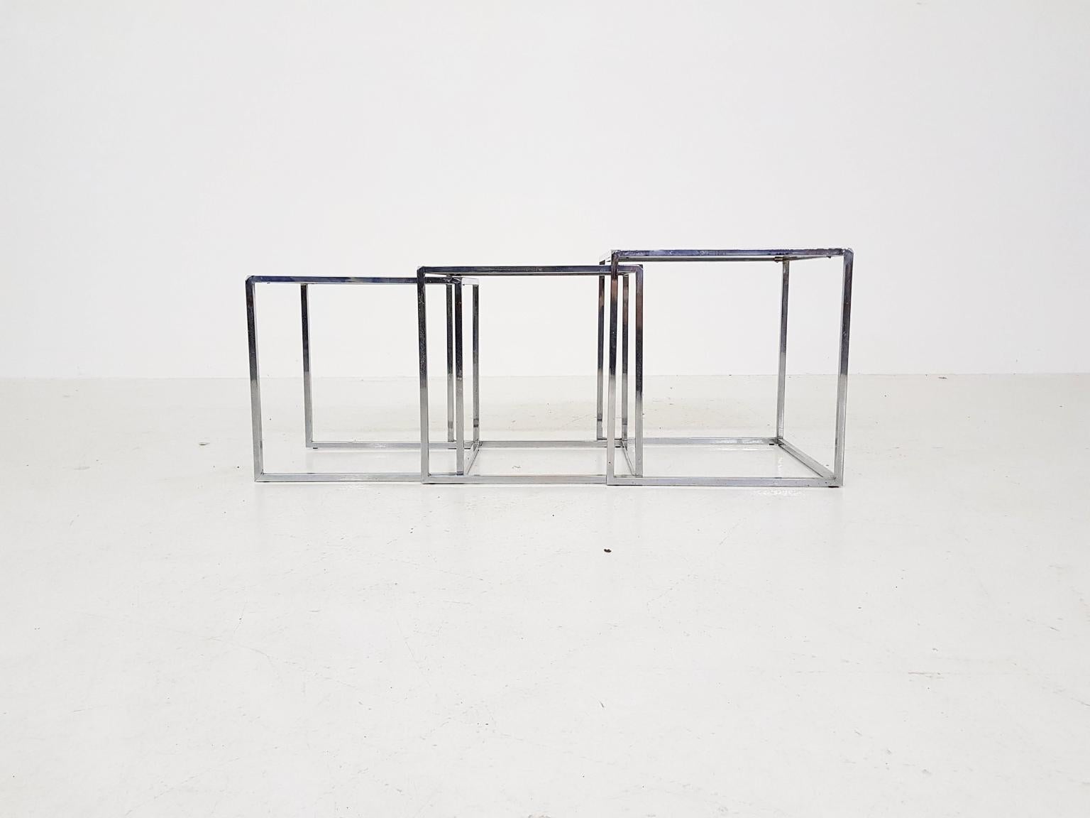 Smoked Glass Poul Kjaerholm PK71 Style Chrome and Glass Nesting Tables or Mimiset, 1970s