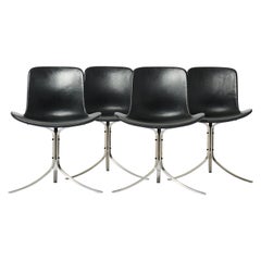 Poul Kjaerholm PK9 Stühle, schwarze Lederpolsterung, 4er-Set