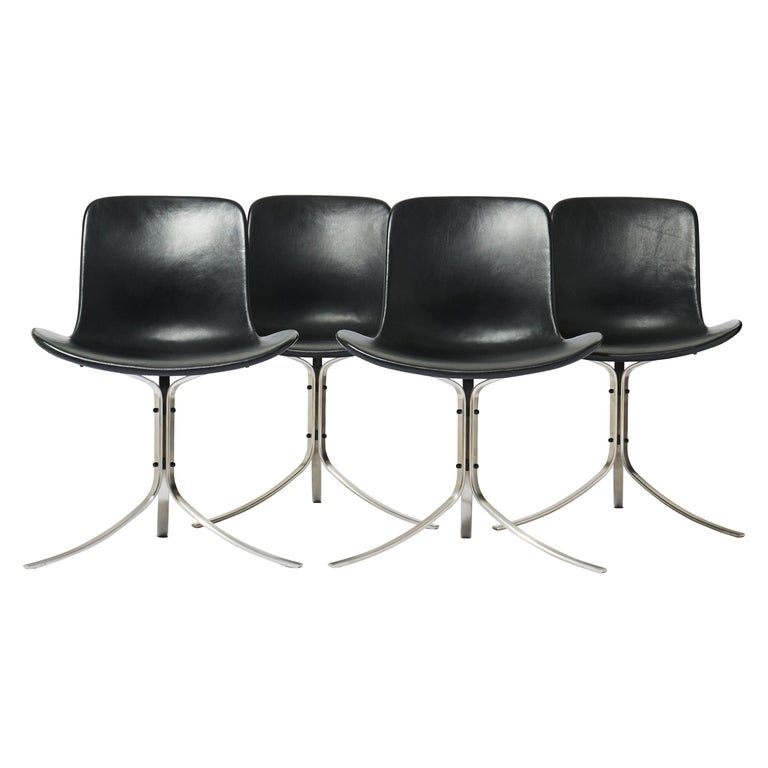 Poul Kjaerholm PK9 Chairs, Black Leather Upholstered, Set of 4
