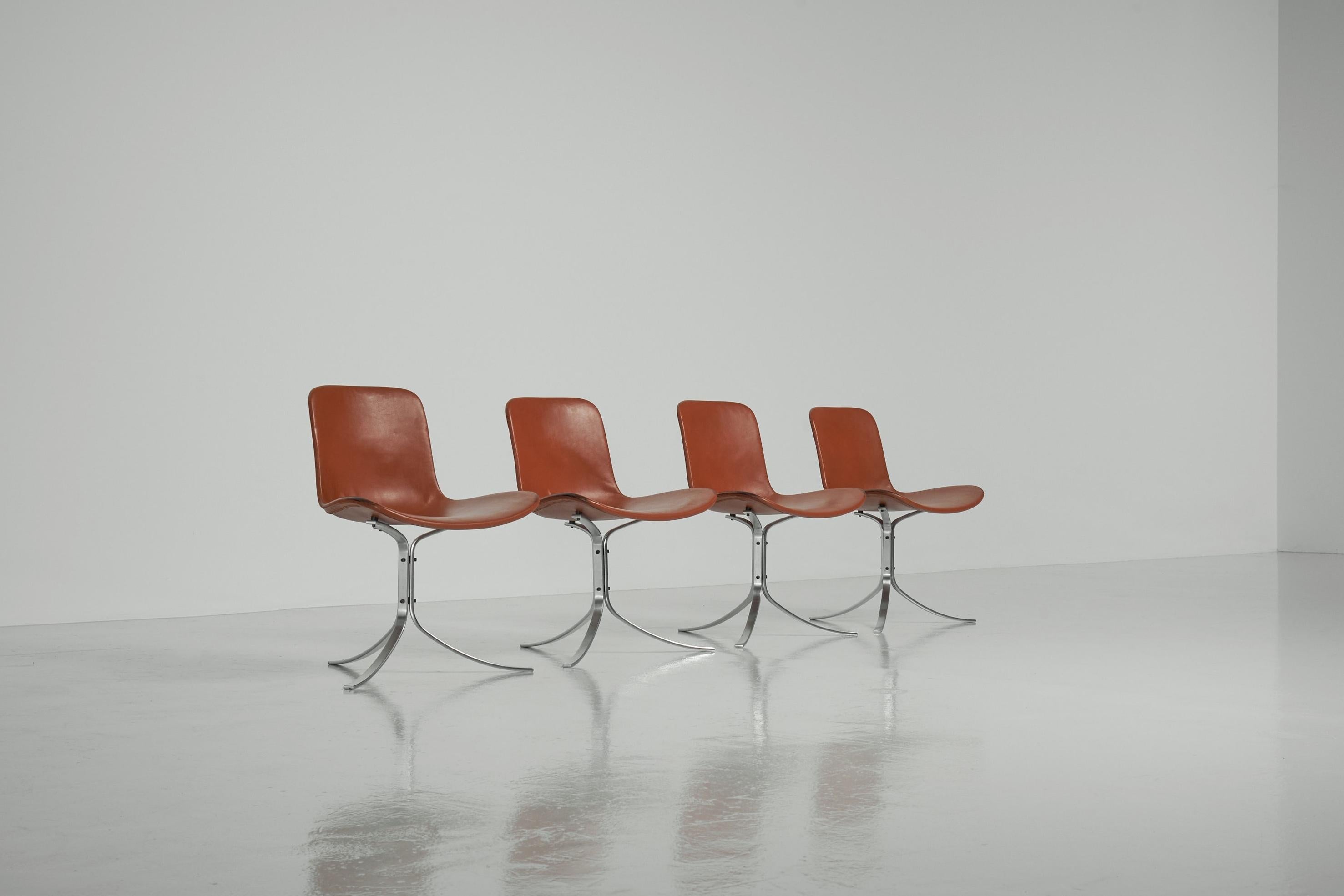 Beautiful set of 4 original PK9 tulip chairs designed by Poul Kjaerholm and manufactured by Ejvind Kold Christensen, Denmark 1961. This is for a rare and early set of 4 from EKC production, this was the first production before Fritz Hansen took the