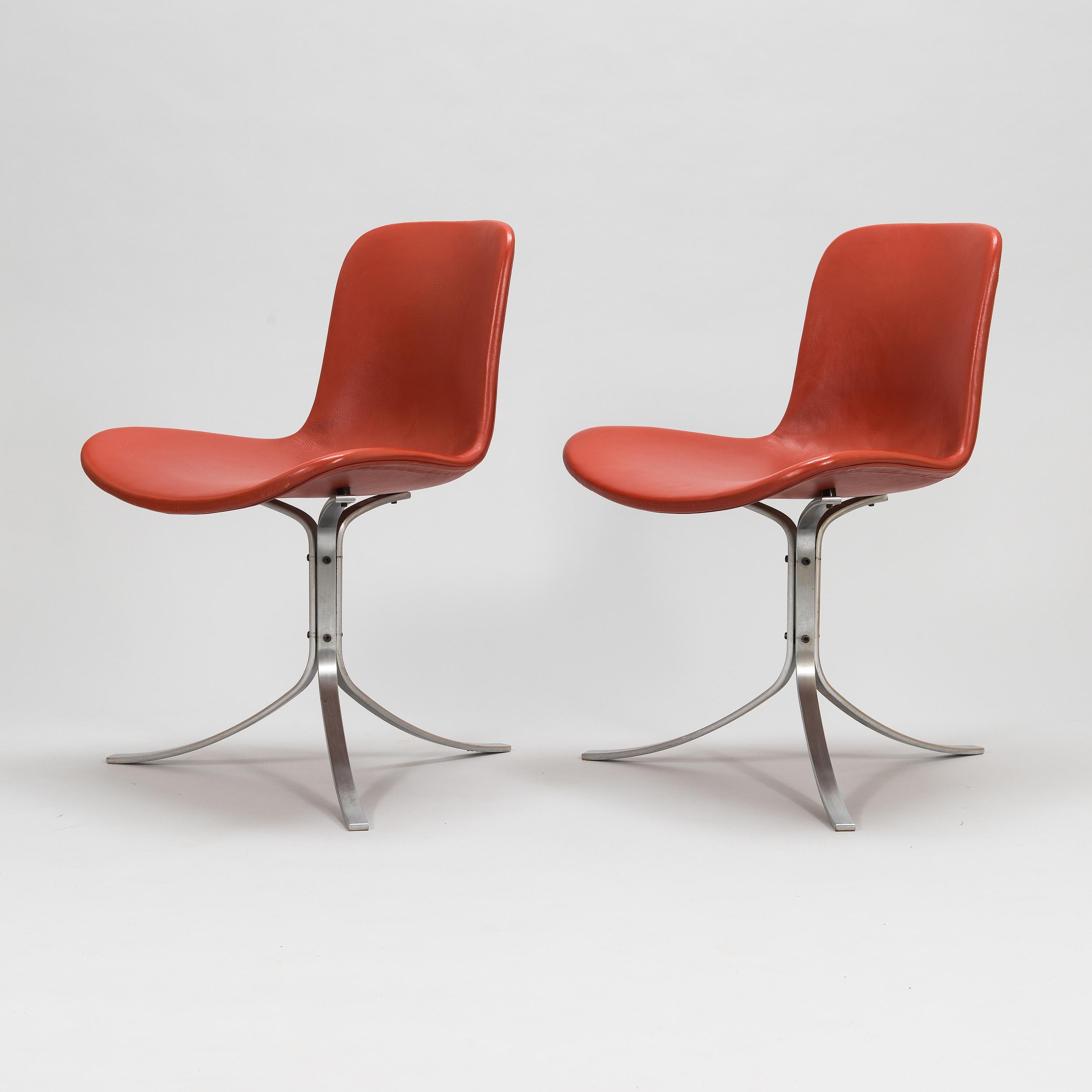 Scandinavian Modern Poul Kjaerholm PK9 Chairs, Vintage Red Leather Upholstered, Set of 6 For Sale