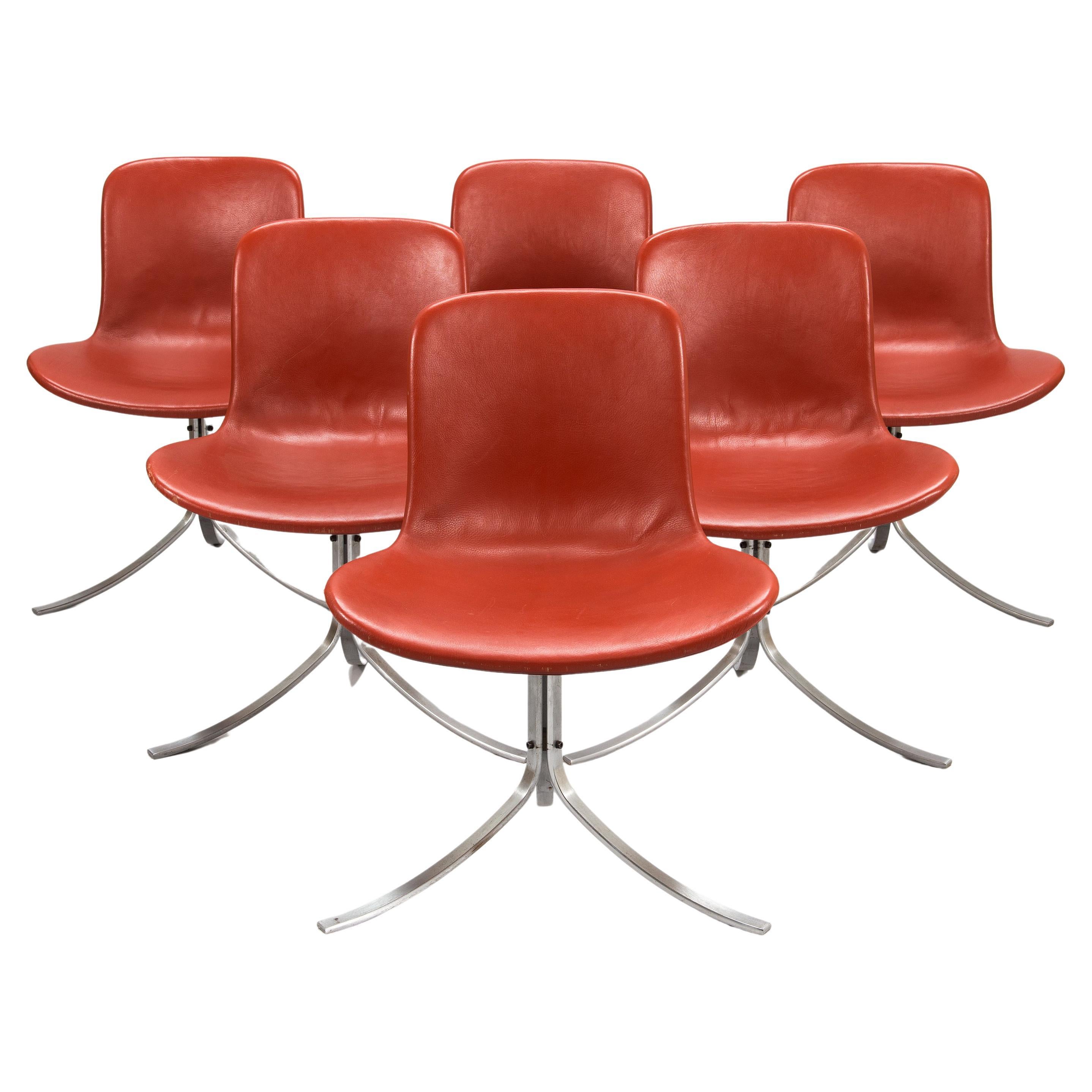 Poul Kjaerholm PK9 Chairs, Vintage Red Leather Upholstered, Set of 6