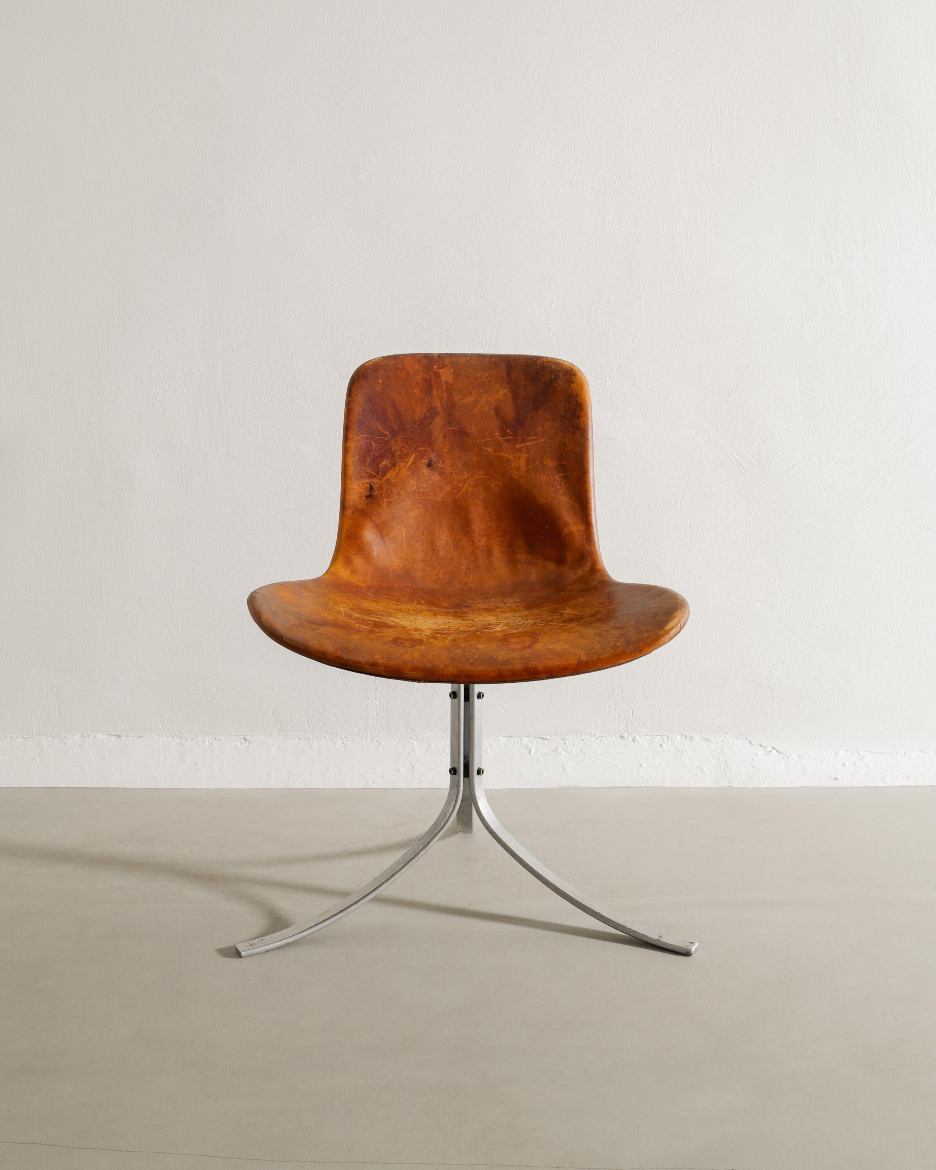 Poul Kjaerholm PK9 Esszimmerstuhl in original braunem Leder von E. Kold, 1960er Jahre (Skandinavische Moderne) im Angebot