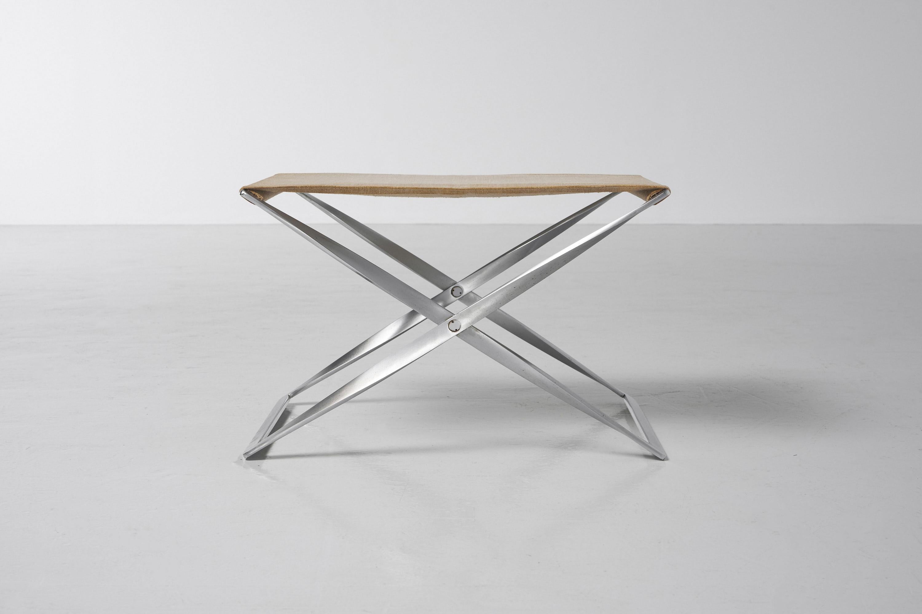 Iconic PK91 stool designed by Poul Kjaerholm and a first production manufactured by Ejvind Kold Christensen, Denmark 1961. This foldable stool has a matt chrome plated steel frame which is foldable due to an ingenious joint structure in the middle