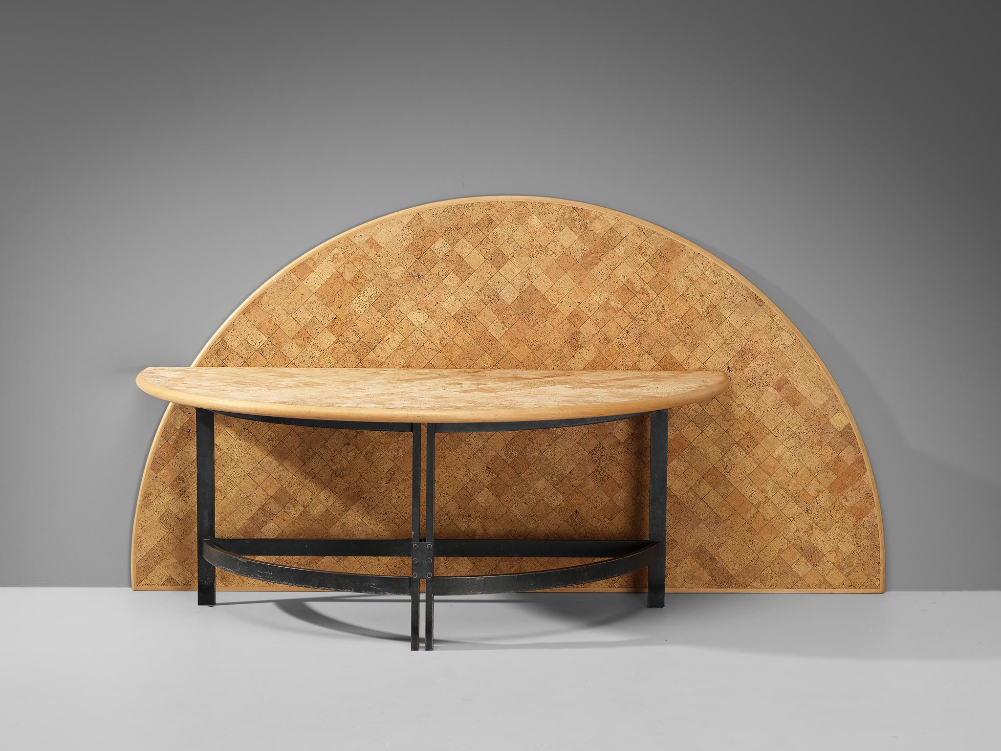 Poul Kjærholm and Nils Fagerholt for PP Møbler, side table with two tabletops, steel, cork, beech, Denmark, 1978. 

This semi-circular table was designed by Poul Kjærholm for an interior for his close friend and architect Nils Fagerholt. It was