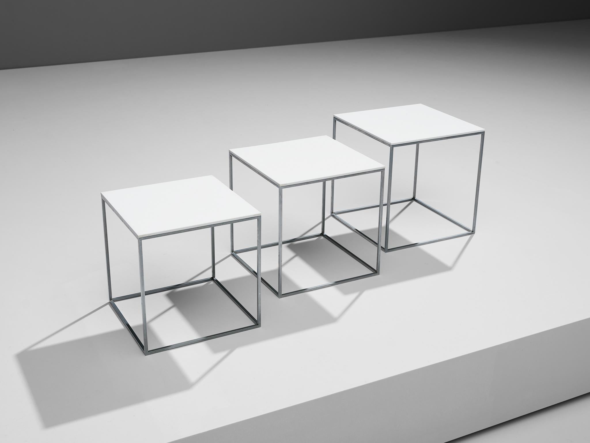 Danish Poul Kjaerholm Set of Nesting Tables in White Perspex and Steel  For Sale