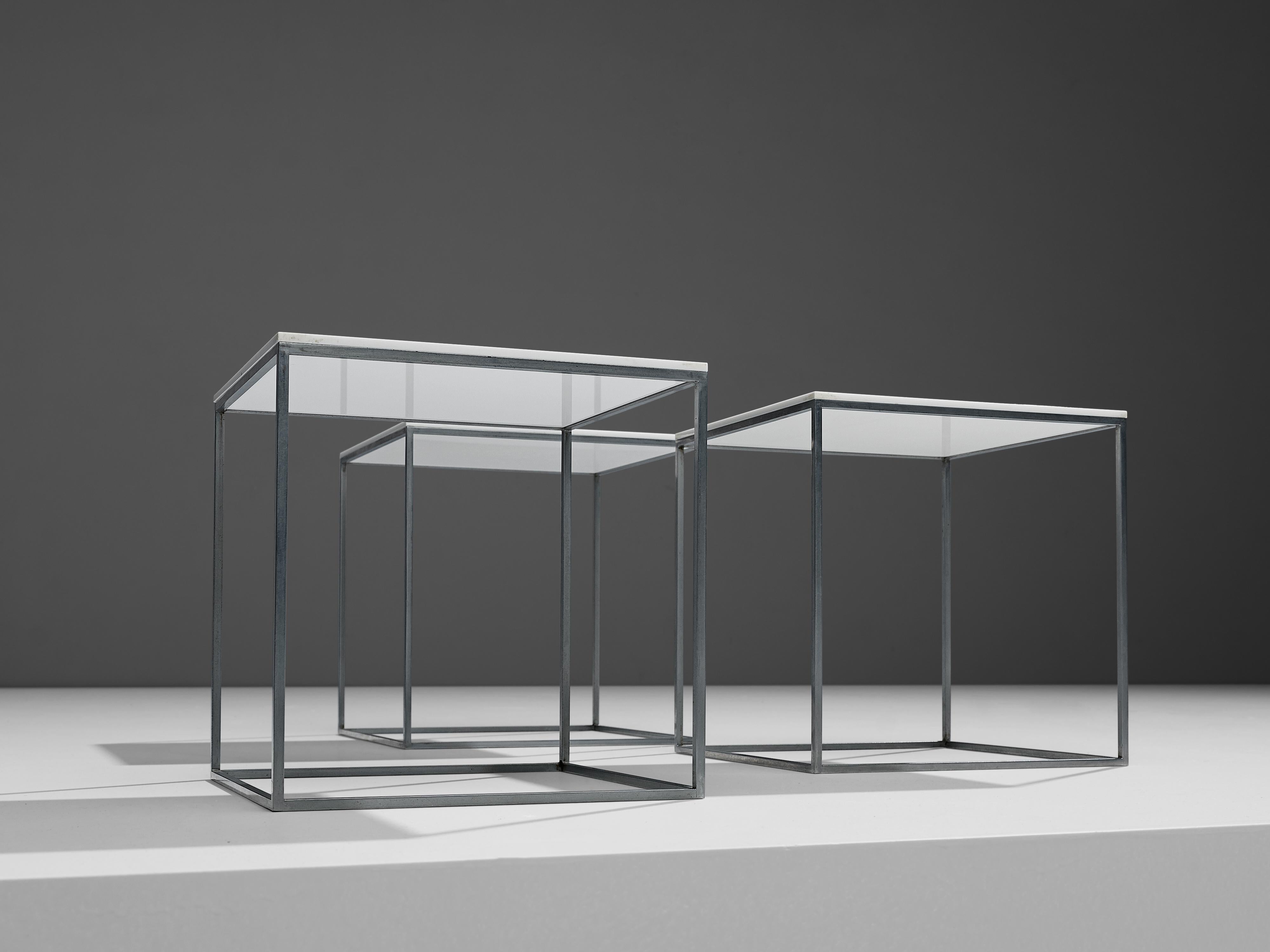 Mid-Century Modern Poul Kjaerholm Set of Nesting Tables in White Perspex and Steel