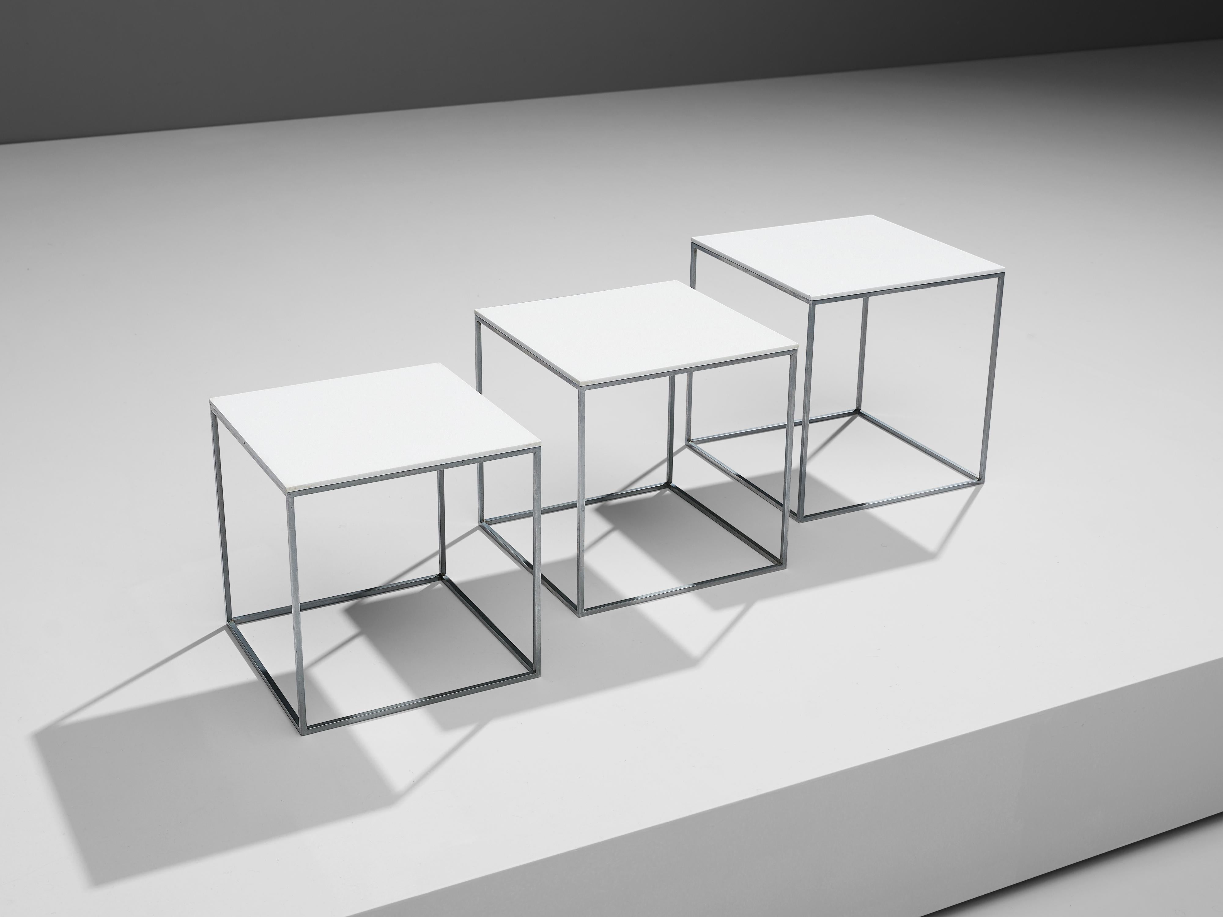 Danish Poul Kjaerholm Set of Nesting Tables in White Perspex and Steel