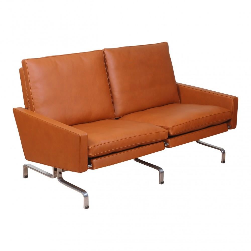 Poul Kjærholm PK-31/2 sofa from the 1970s newly reupholstered in cognac aniline leather and mounted with new cushions.