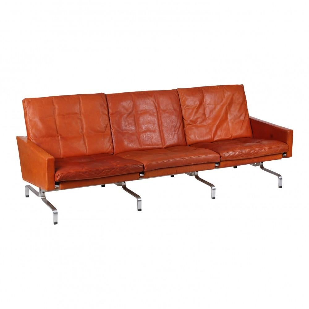 Poul Kjærholm PK-31-3 3 seater sofa in original cognac leather from the 1970s. The sofa appears with patina though in good condition.