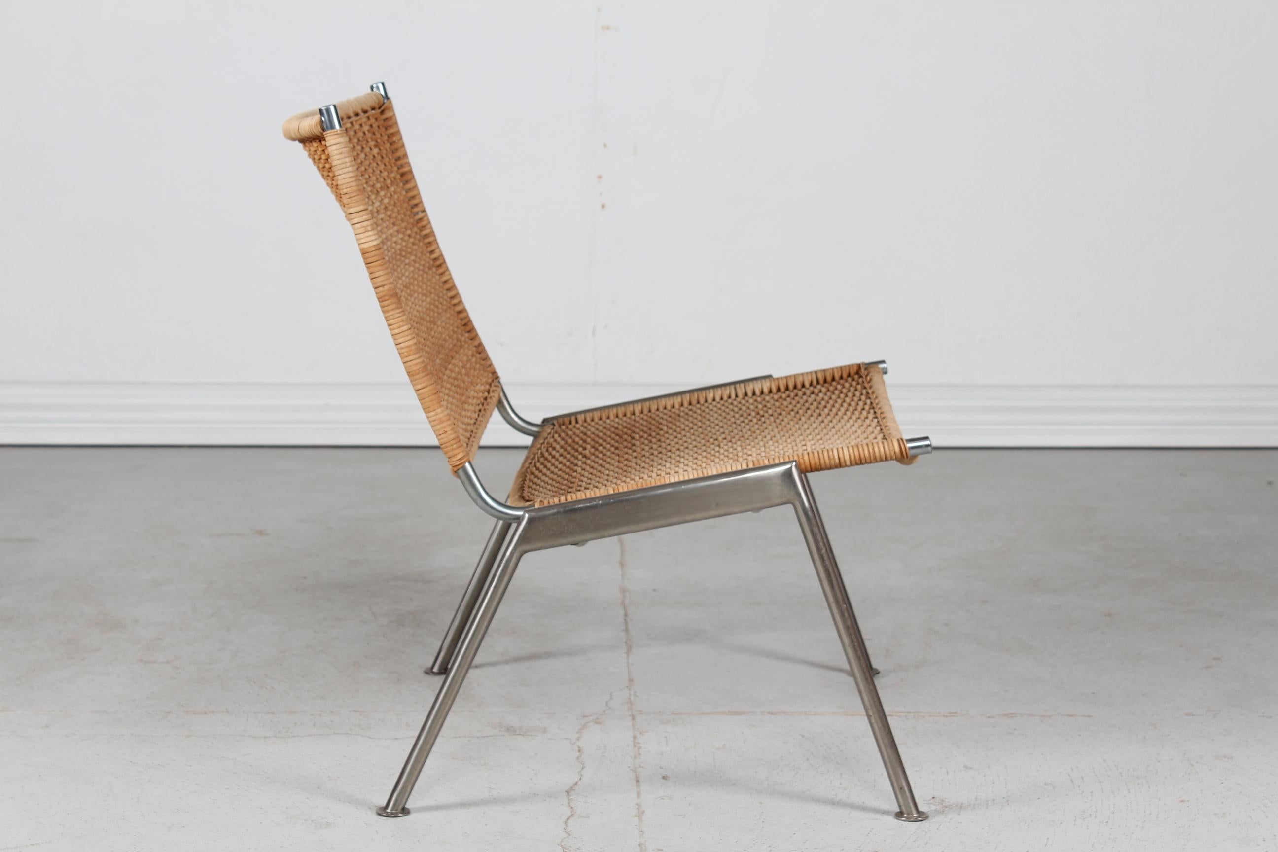 Mid-Century Modern Poul Kjærholm Style Lounge Chair Metal Frame with Plaited Cane Denmark 1960s For Sale