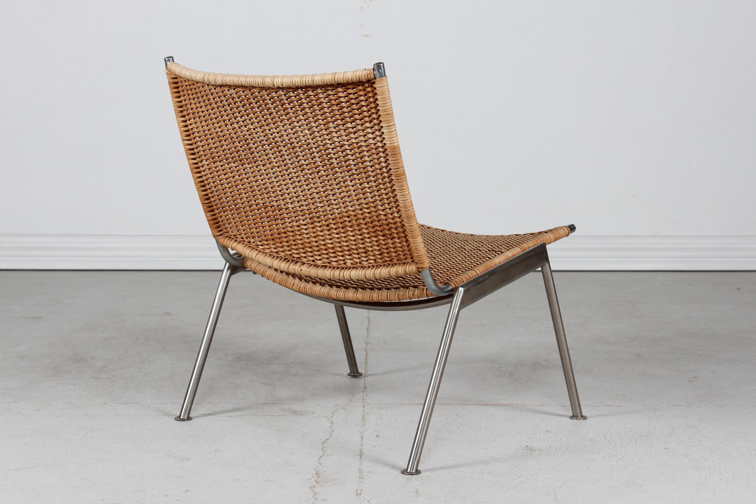 Danish Poul Kjærholm Style Lounge Chair Metal Frame with Plaited Cane Denmark 1960s For Sale