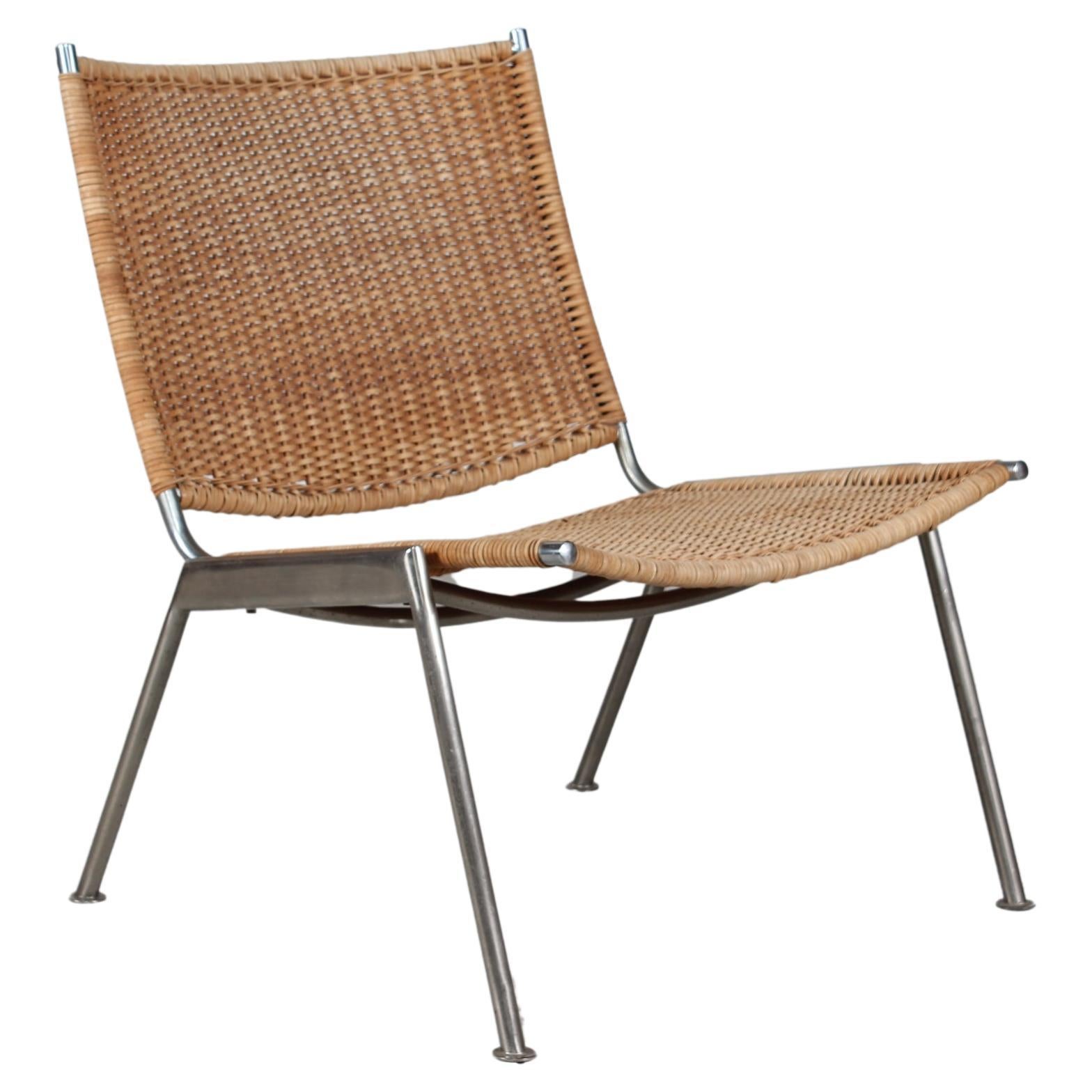 Poul Kjærholm Style Lounge Chair Metal Frame with Plaited Cane Denmark 1960s For Sale