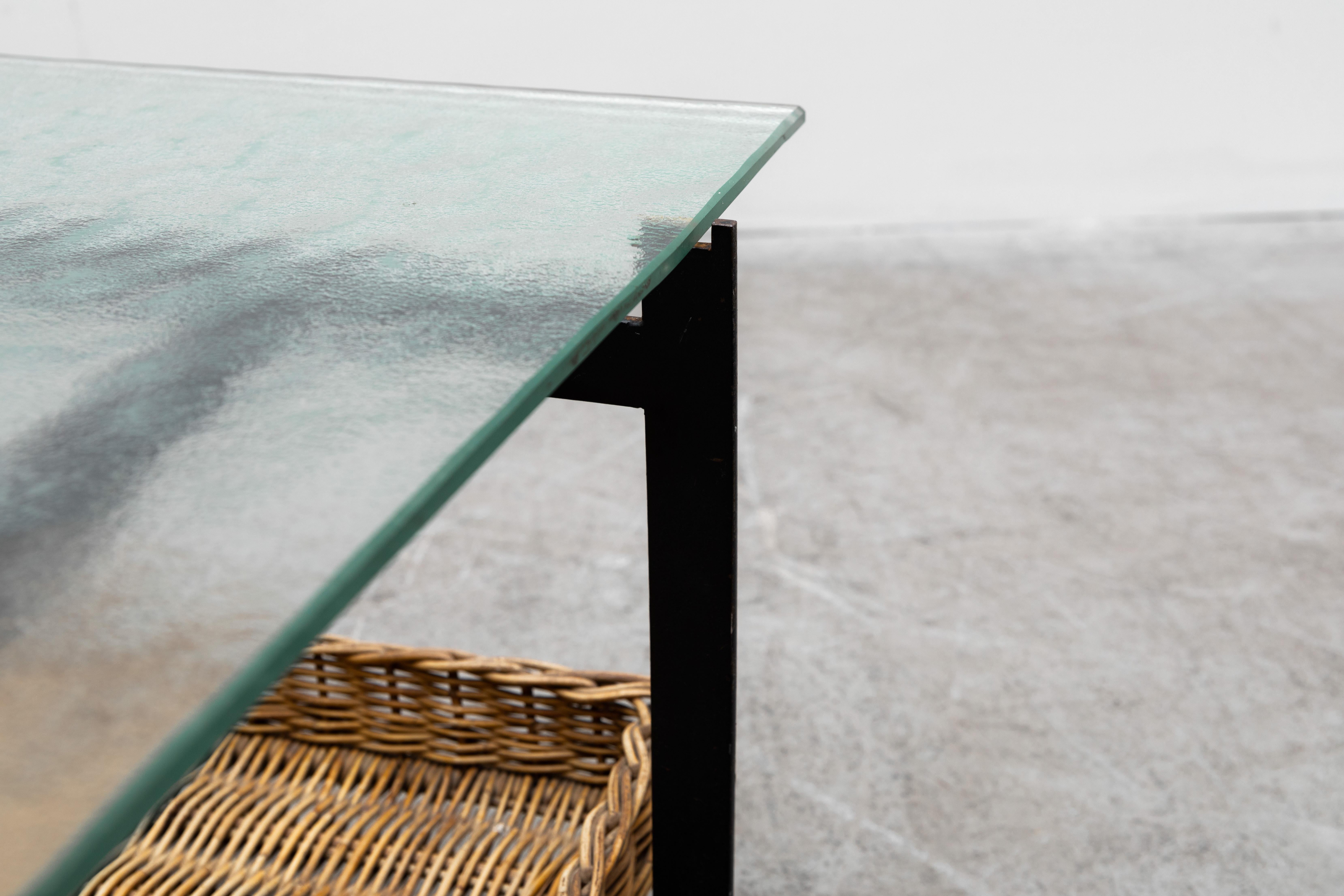 Dutch Poul Kjaerholm Style Metal, Rattan and Glass Coffee Table