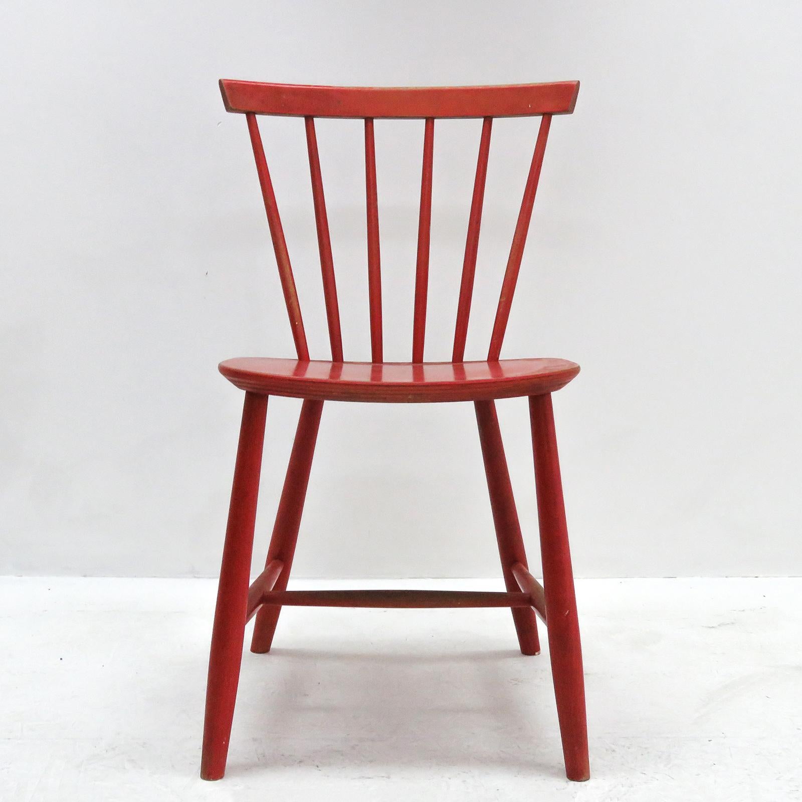 Wonderful set of four Poul M. Volther, model J46 dining chairs in red lacquered wood, marked.