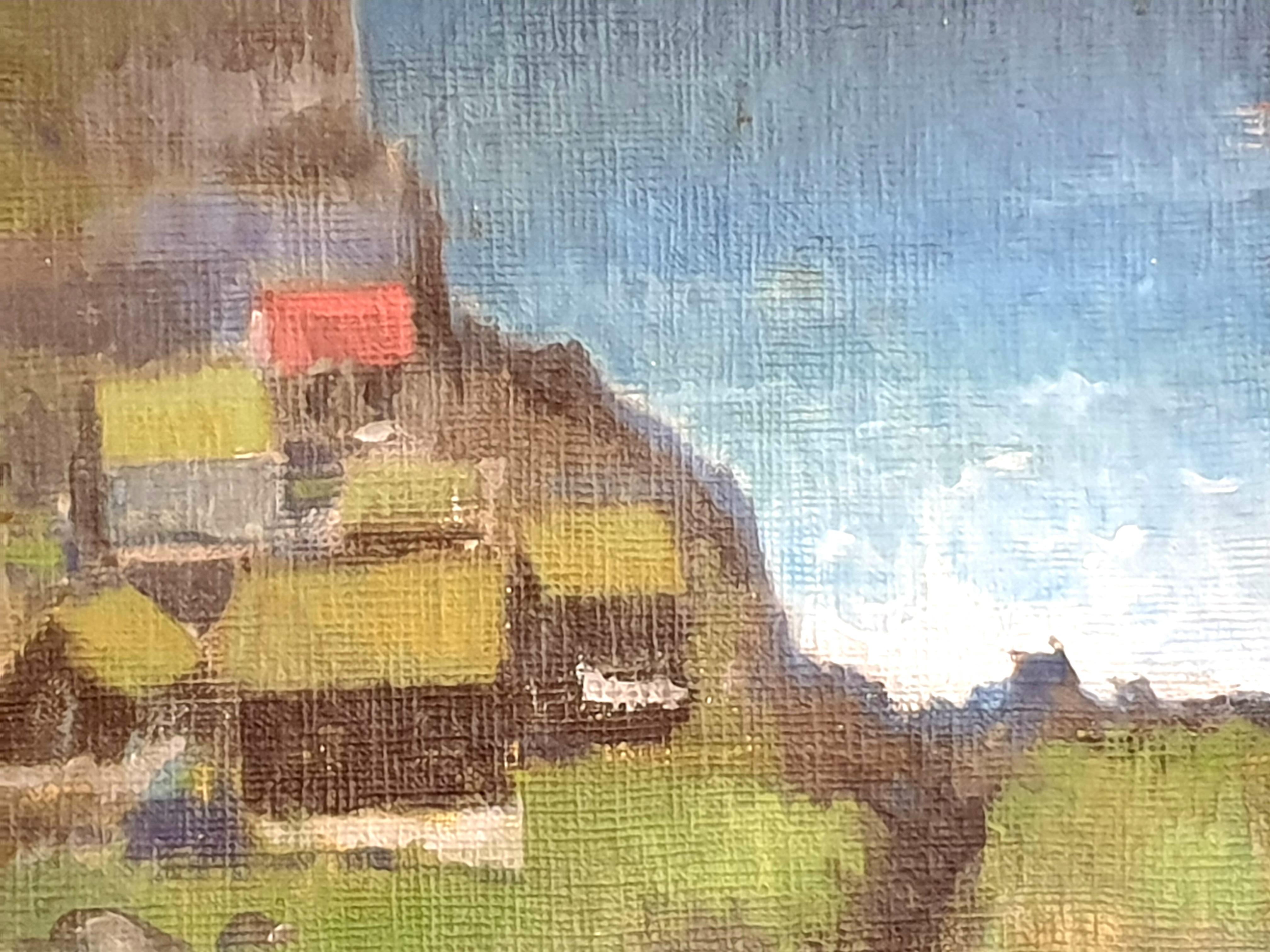 Danish Mid-Century Colourfield Oil on Board of Houses in a Coastal Scene. For Sale 5
