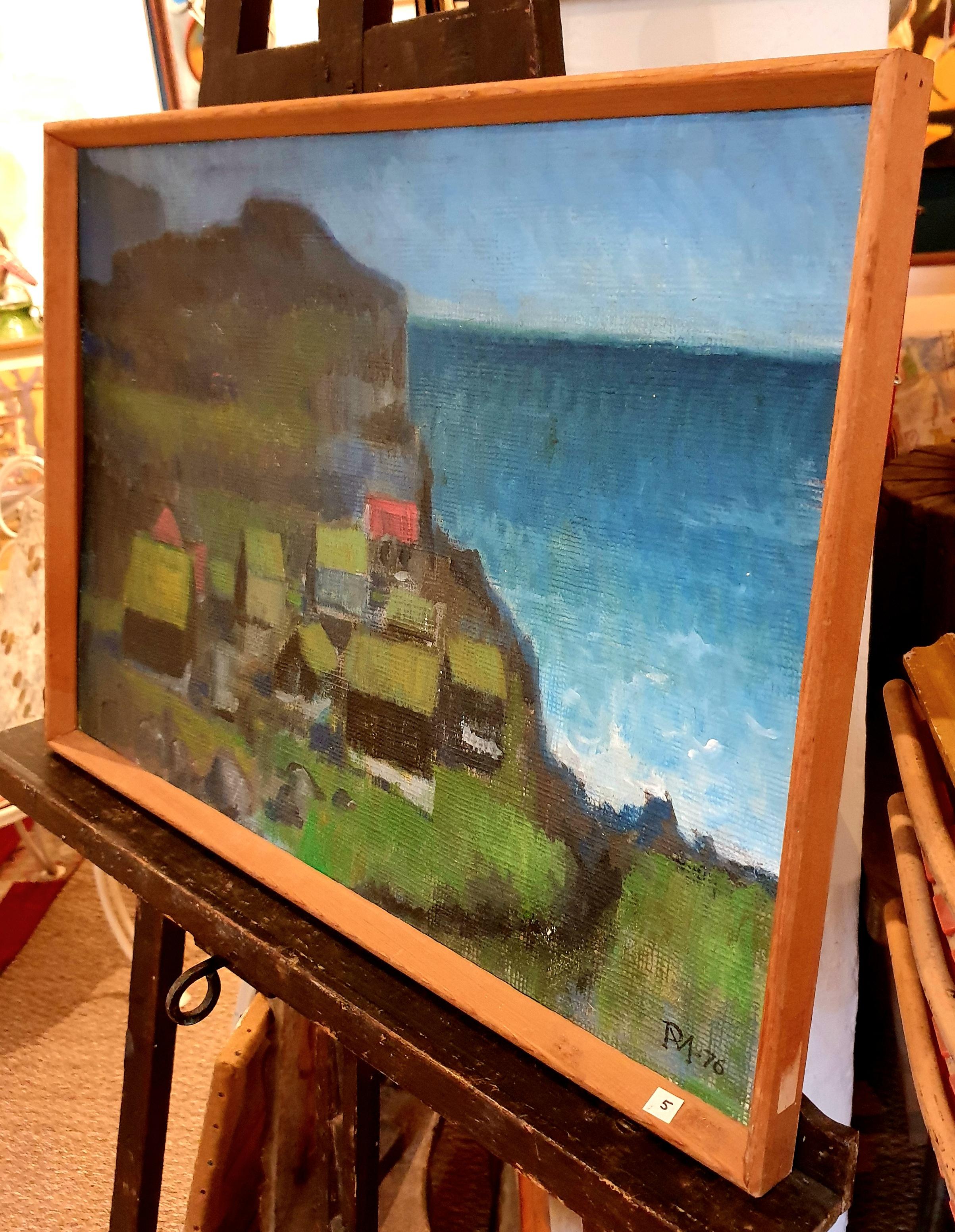 Danish Mid-Century Colourfield Oil on Board of Houses in a Coastal Scene. For Sale 10