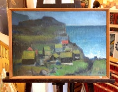 Danish Mid-Century Colourfield Oil on Board of Houses in a Coastal Scene.