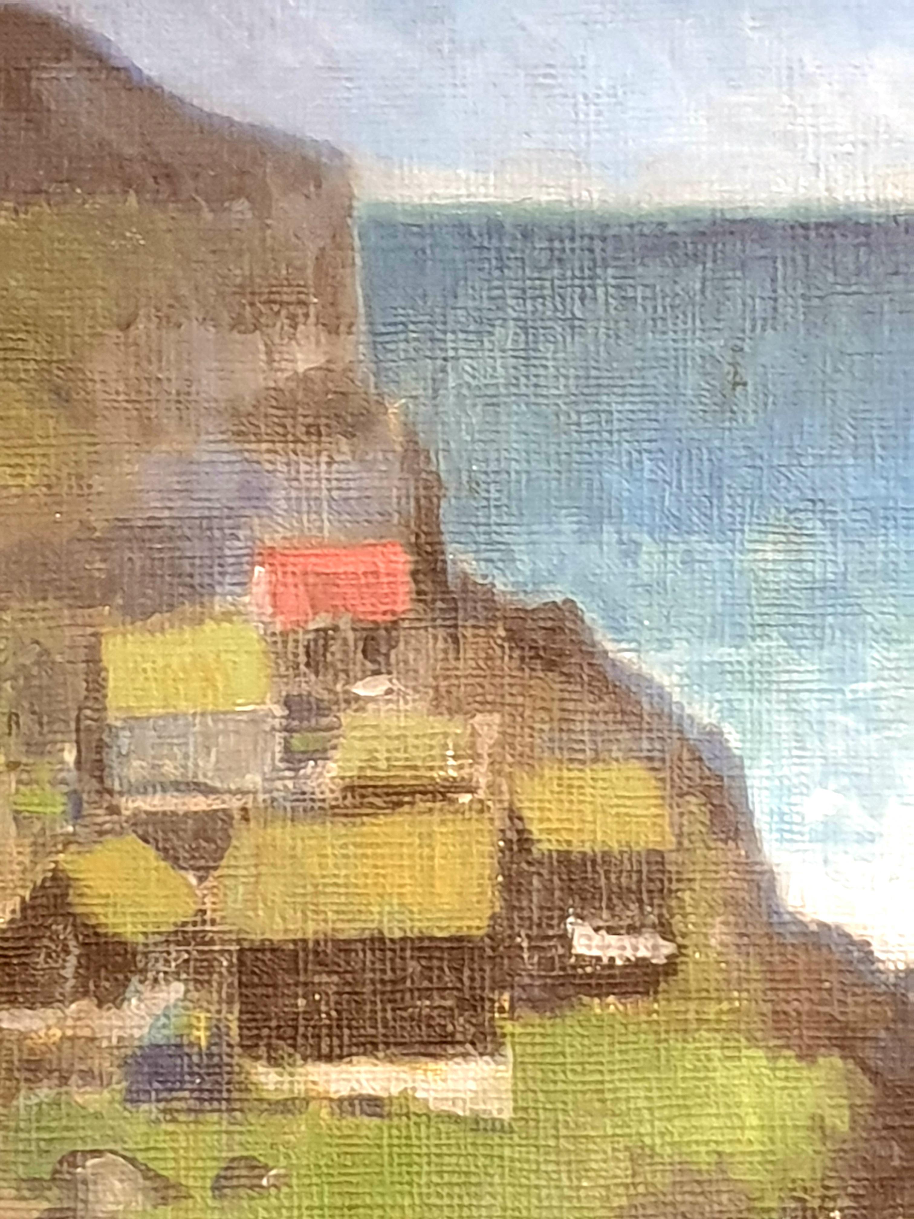 Danish oil on board covered in a coarse canvas. A painting of houses in a coastal landscape by Poul Møller. The painting is signed PM and dated 76 to the bottom right and to the reverse there is a dated ticket and Møller's details (see photo).