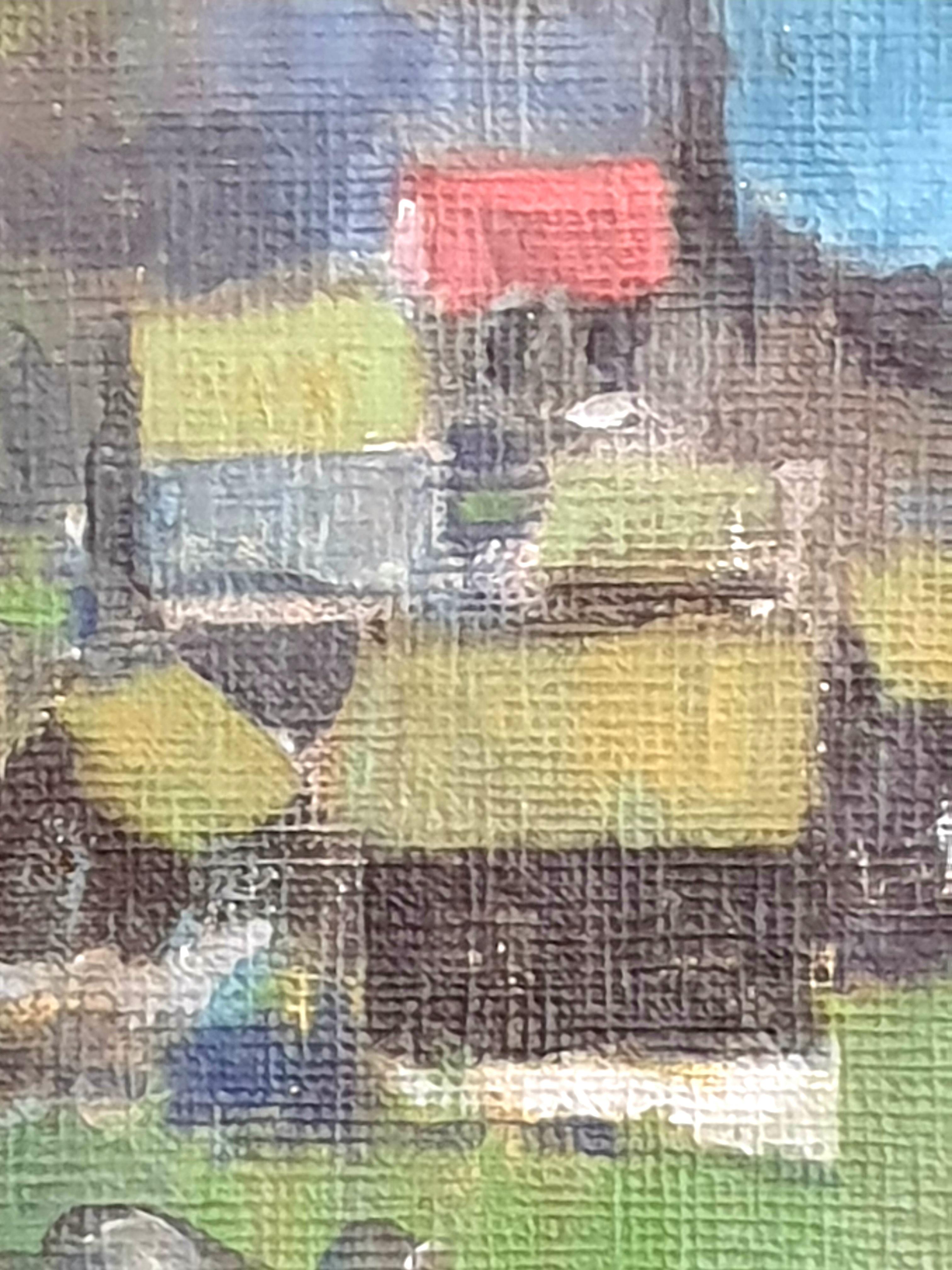 Danish Mid-Century Colourfield Oil on Board of Houses in a Coastal Scene. For Sale 3