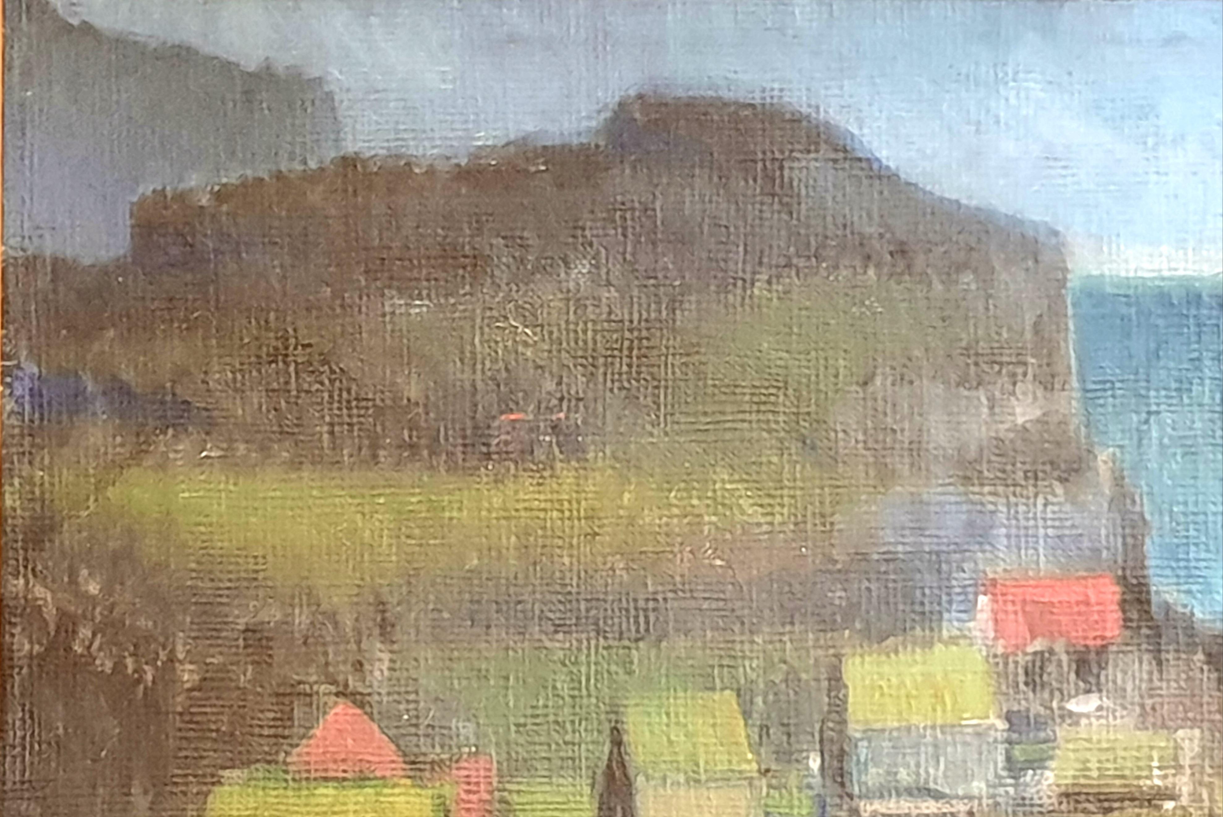 Danish Mid-Century Colourfield Oil on Board of Houses in a Coastal Scene. For Sale 4